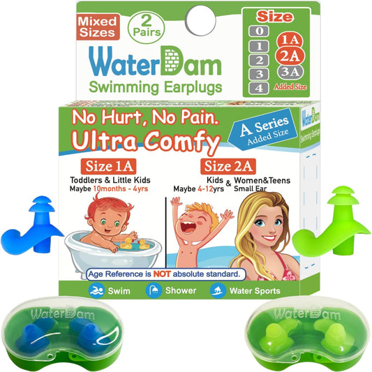 WaterDam A-Series Swimming Ear Plugs Ultra Comfy Great Waterproof Earplugs (Mixed Sizes, Size 1A+2A: Kids & Small Ear Women&Teens (Blue Green))