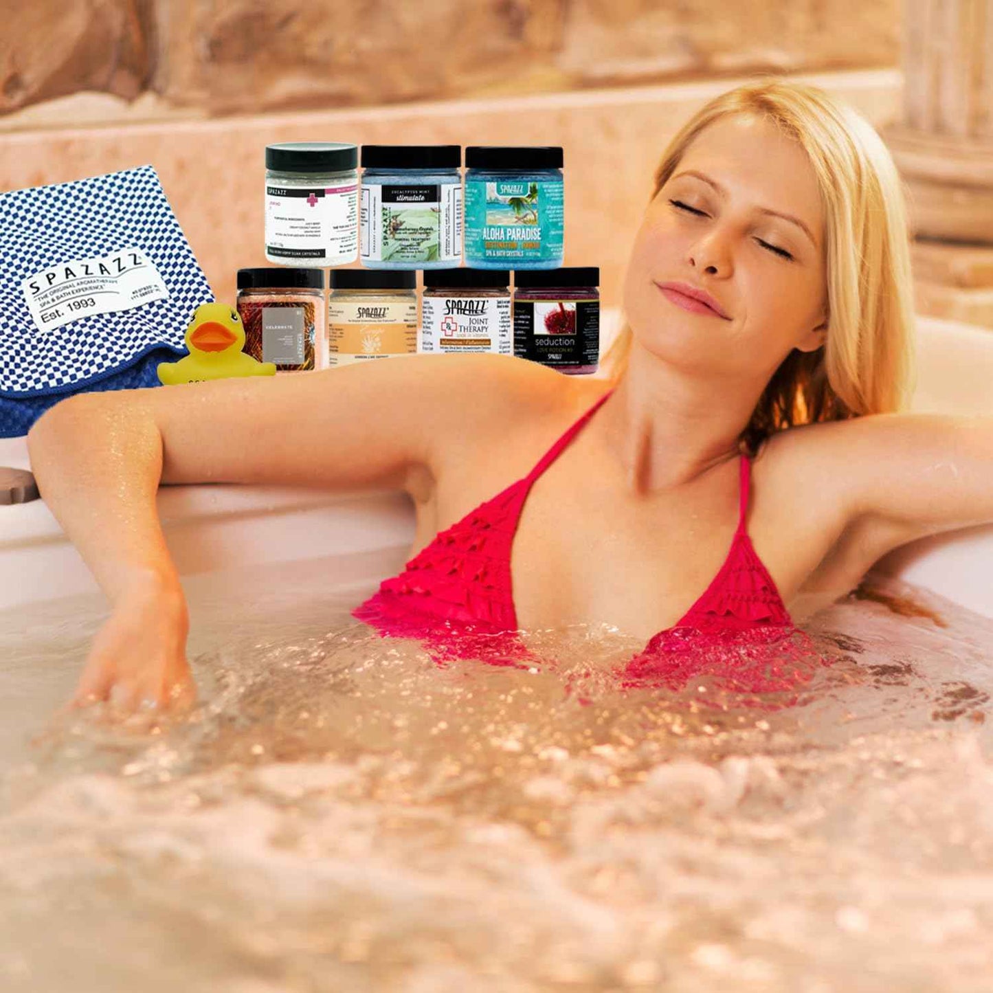 Spazazz Hot Tub Aromatherapy Gift Bundle- Seven- 4 Oz Spazazz Hot Tub Aromatherapy Bath Salt Crystals Sampler Jars Plus Hot/Cold Towel and Rubber Duck - Seven Distinct Scents of Bath and Spa Salts