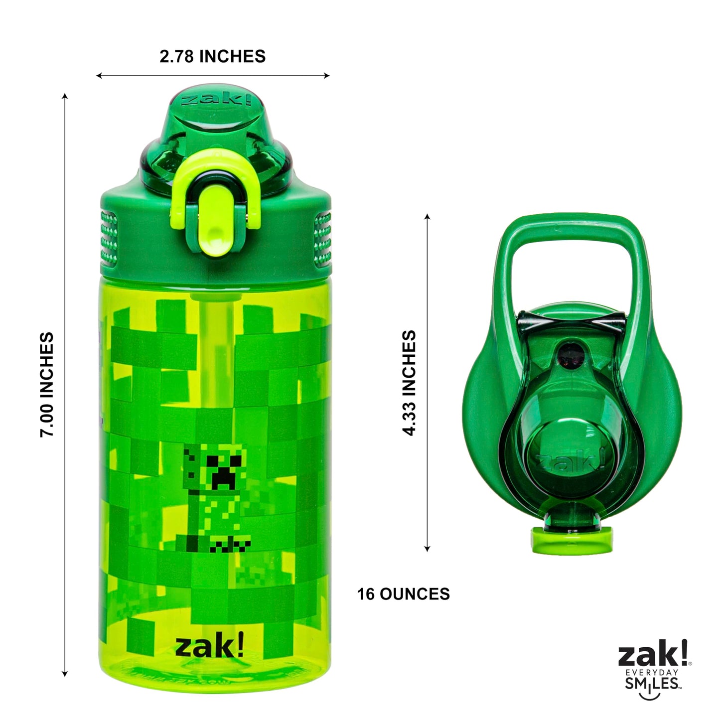 Zak Designs Sage Minecraft Kids Water Bottle For School or Travel, 16oz Durable Plastic Water Bottle With Straw, Handle, and Leak-Proof, Pop-Up Spout Cover (Creeper)