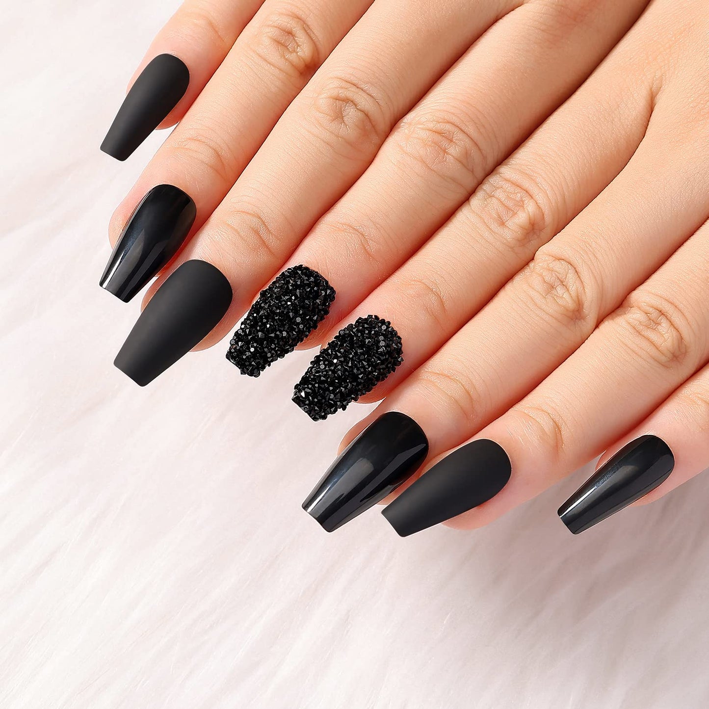 Artquee 24pcs Press on Nails with 3D Rhinestones Black Medium Long Coffin Matte Mixed Glossy Ballerina Fake Nails False Tips Manicure for Women Including 2pcs Full Tiny Diamond Nails