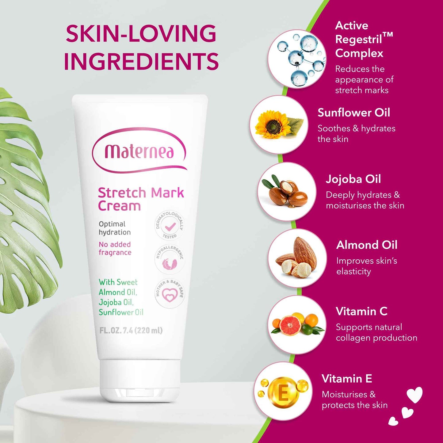 Maternea Stretch Mark Cream for Pregnancy – Nourishing Maternity Skin Care with Almond, Jojoba Oils, Vitamins C and E – Helps Hydrate and Improve The Look of Stretching Skin – 7.44 FL. OZ. (220ml)