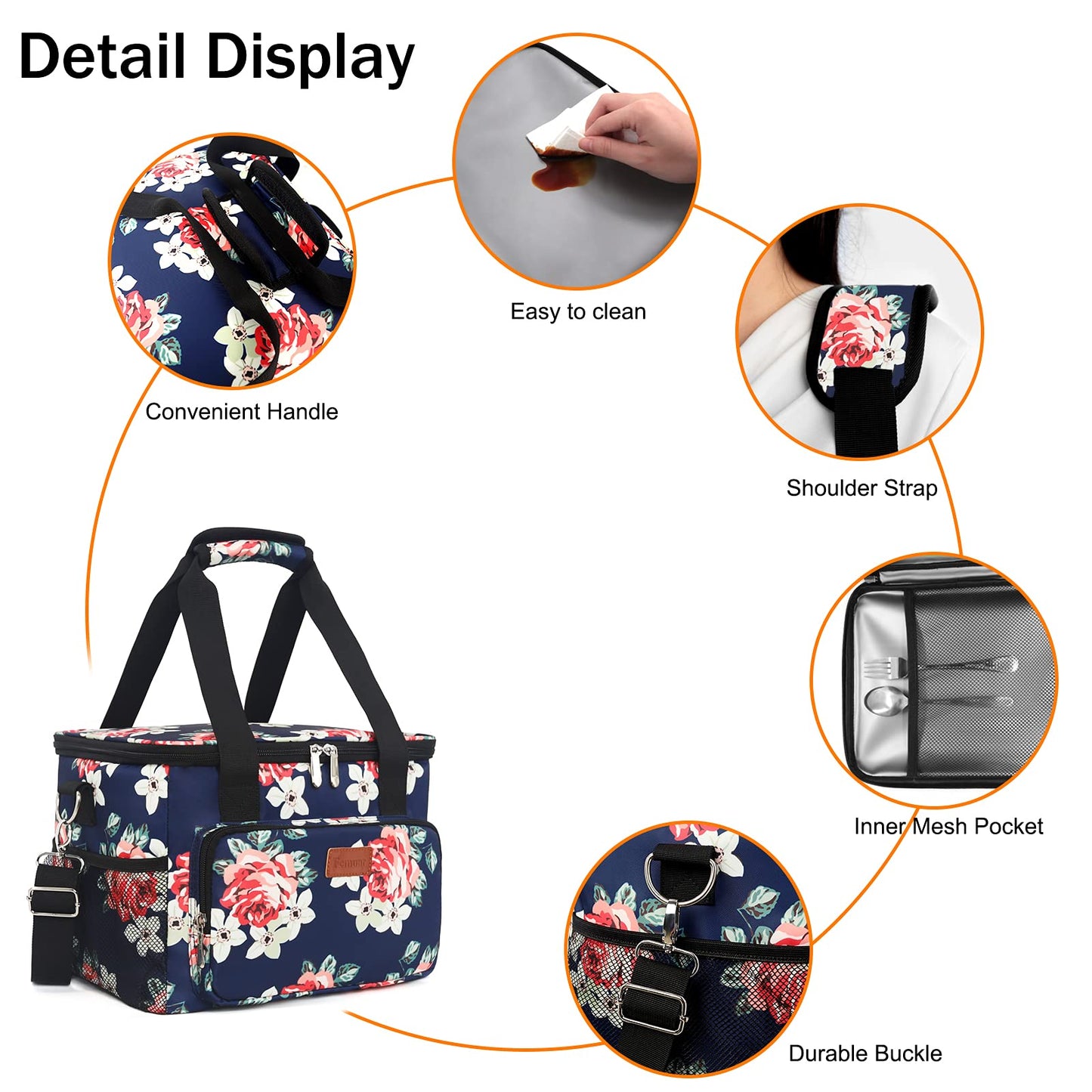 Femuar Lunch Bags for Women/Men, Insulated Lunch Bag for Work Office Picnic - Large Lunch Cooler Bag Leakproof Lunch Box with Adjustable Shoulder Strap for Adults - Floral(15L)