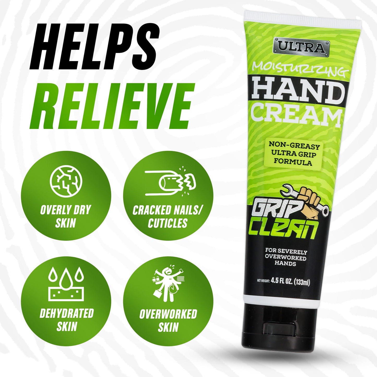 Grip Clean Hand Cream For Dry Cracked Hands, Men, Women, Ultra-Moisturizing Ultra-Grip Formula For Overworked Hands, Natural Ingredients, Auto Mechanics, Tool Shop, Garage, Non Greasy Lotion - 4.5oz