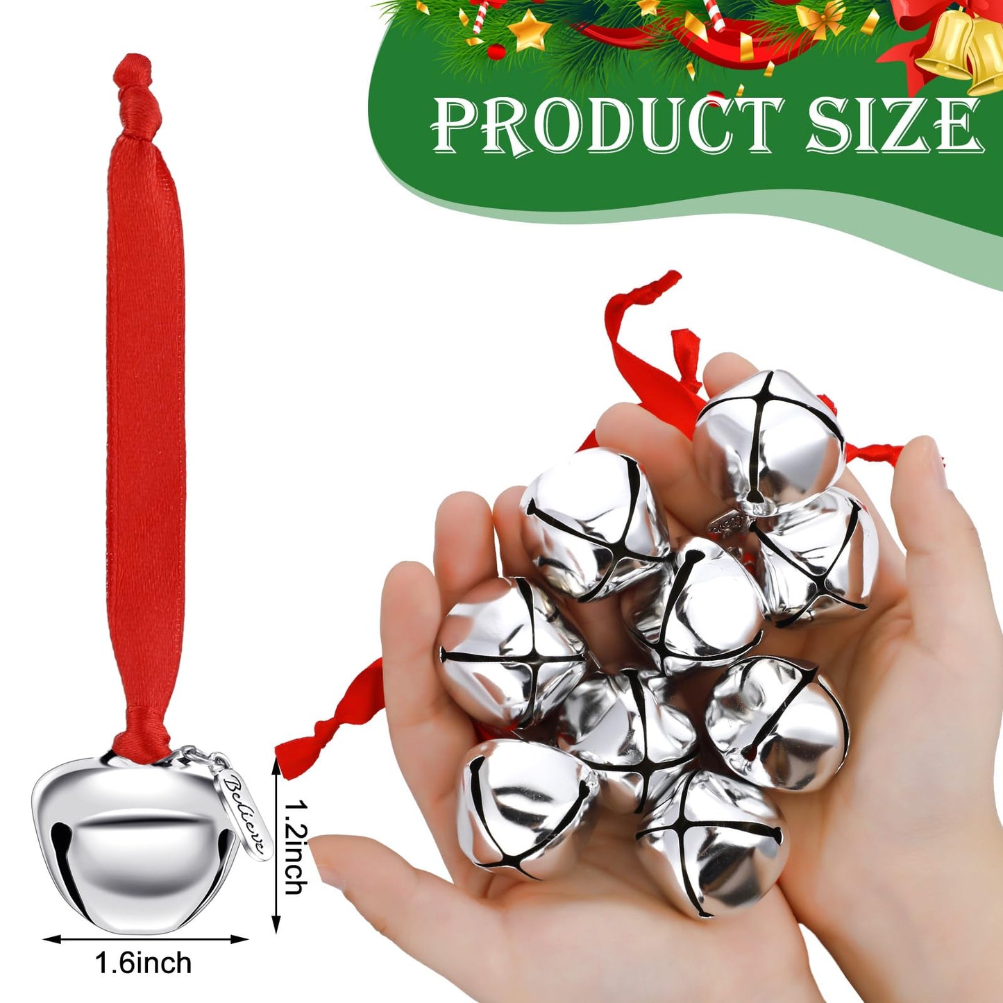 Sratte 50 Pcs Believe Christmas Bells Santa Claus Sleigh Bells Bulk Metal Silver Bells with Red Ribbon Father Christmas Bell Ornament for Christmas Tree Home Xmas Party Holiday Decoration, 1.5 Inch