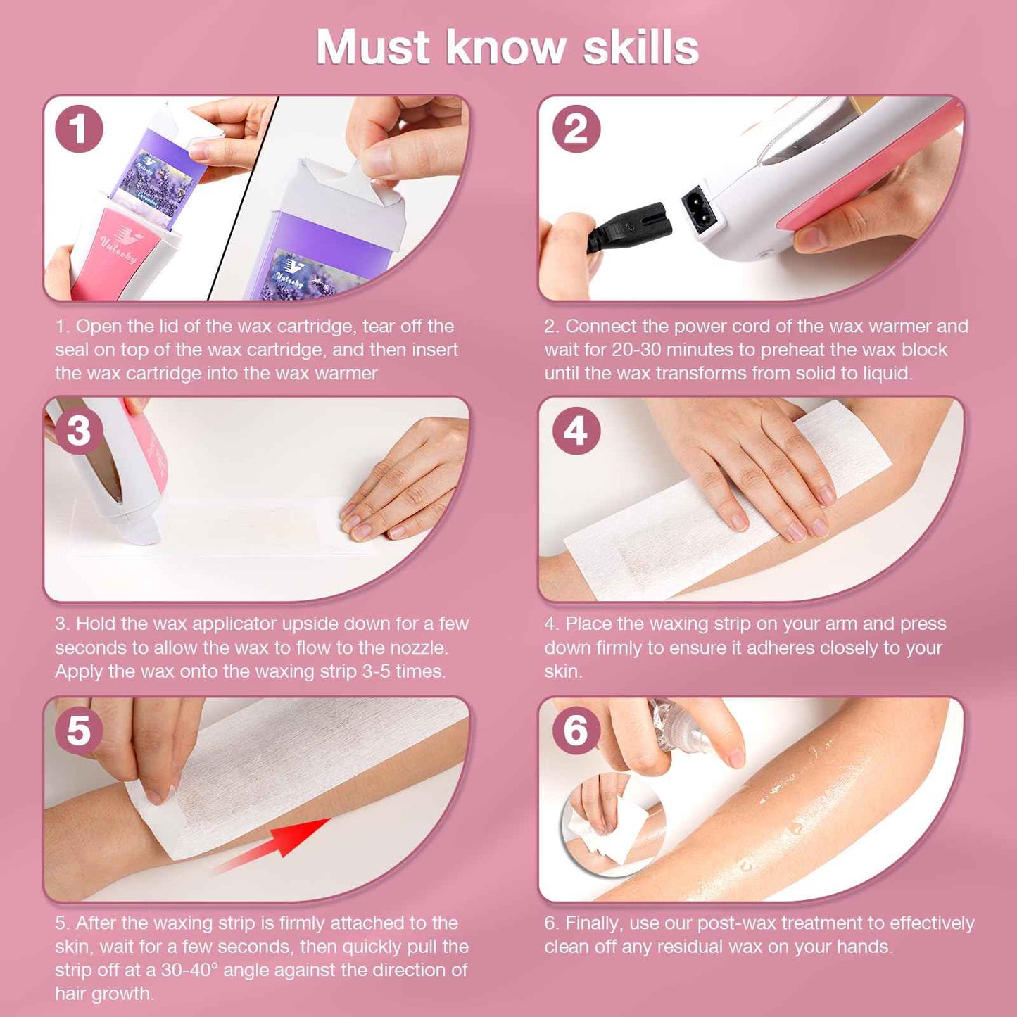 Vuteehy Roll on Wax Kit, Roll on Waxing Kit for Women, Waxing Kit at Home, Wax Roller Kit for All Skin Types Body Hair Removal, Sensitive Skin, Unisex, with 2 Soft Cartridges & 50 Pcs Strips