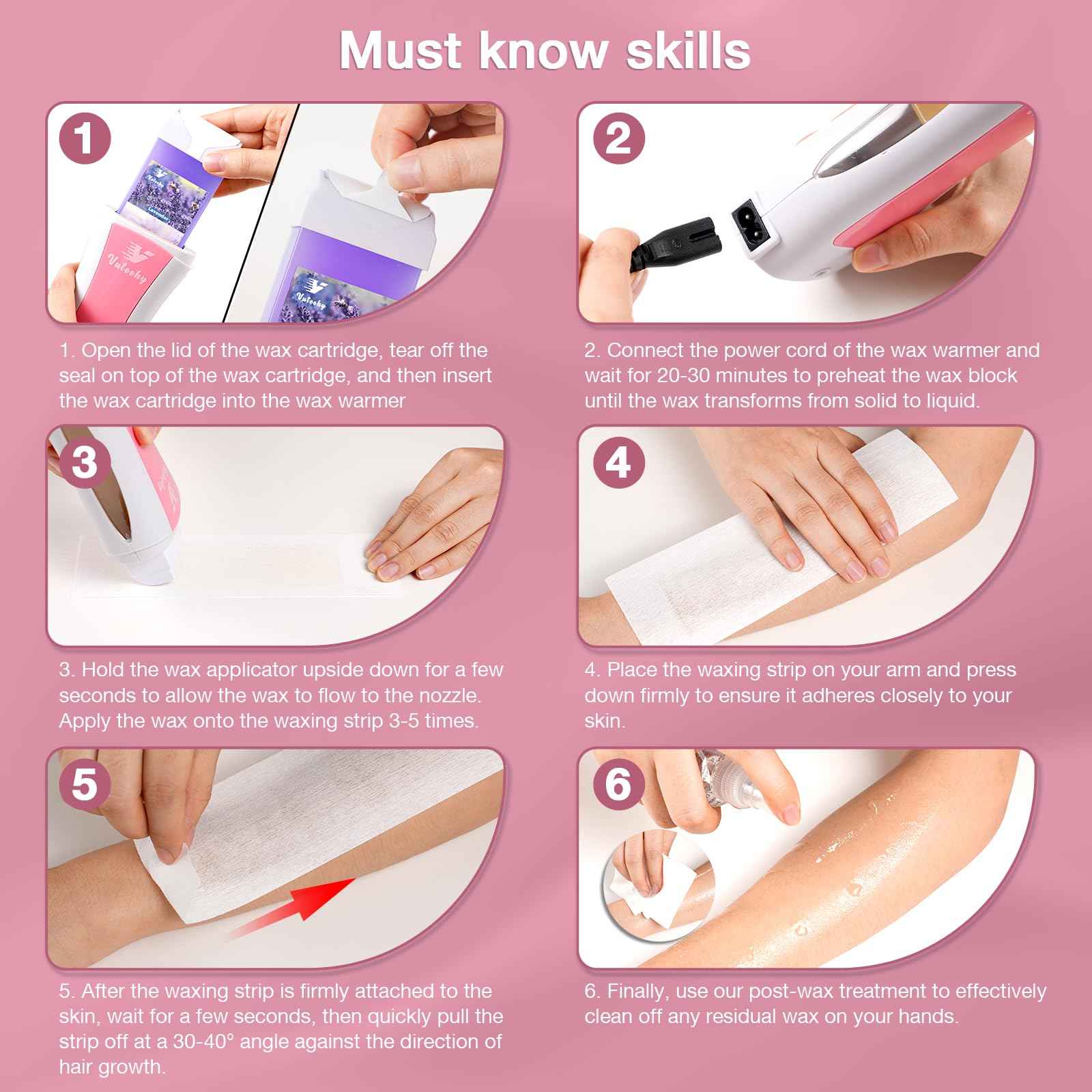 Vuteehy Roll on Wax Kit, Roll on Waxing Kit for Women, Waxing Kit at Home, Wax Roller Kit for All Skin Types Body Hair Removal, Sensitive Skin, Unisex, with 2 Soft Cartridges & 50 Pcs Strips