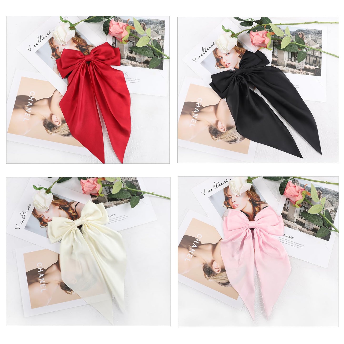 4Pcs Hair Bows, Silky Satin Hair Barrettes For Women, Oversized Long-Tail Hair, Large Bow Metal Spring Clip Temperament Beautiful Hair Accessories For Women Girl（Wine Red, Black, Cream White, Pink）