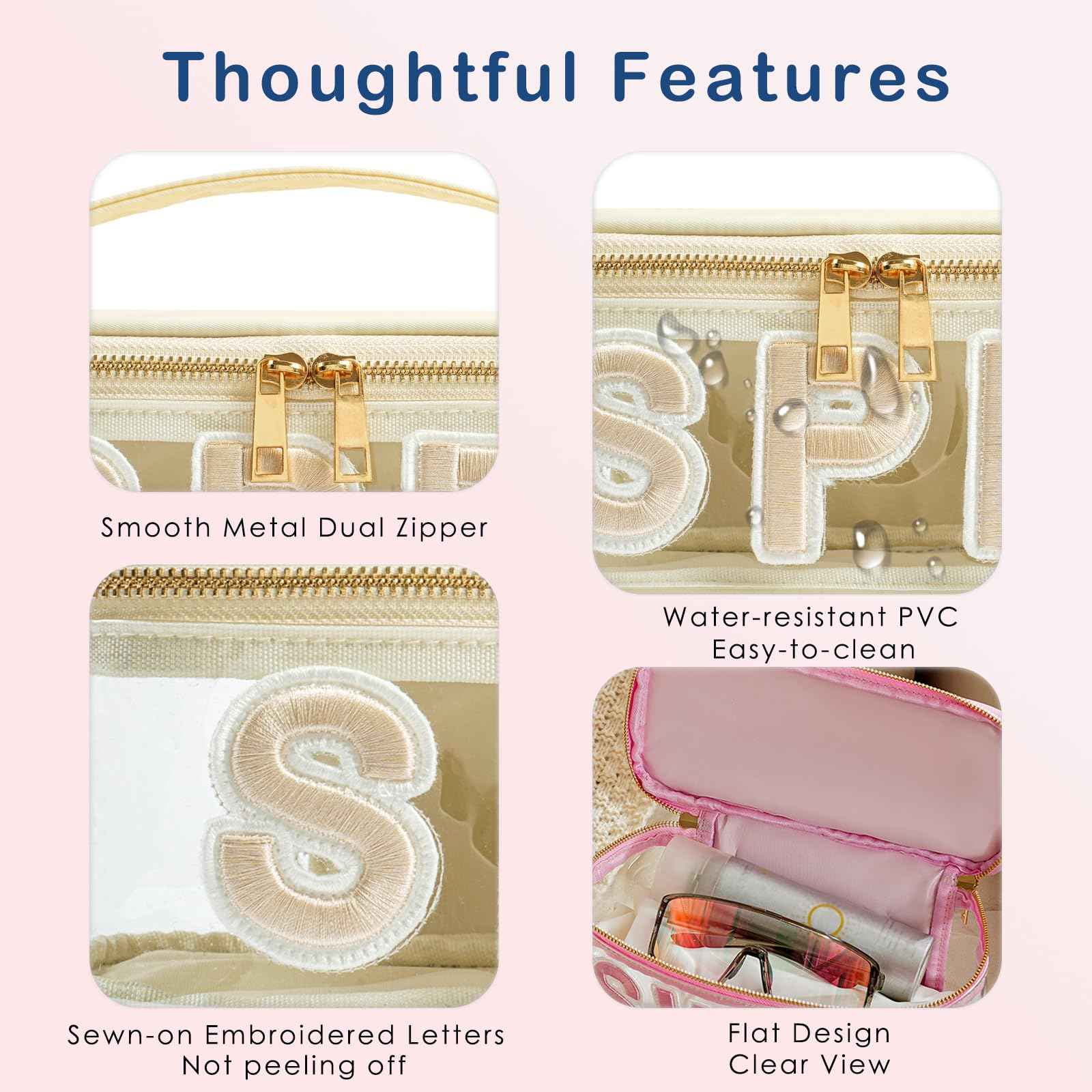 RSRSLEII Clear Waterproof Summer SPF Makeup Bag，Aesthetic Transparent Letter Patch Cosmetic Bag with Metal Zipper, Preppy Sunscreen Accessories Storage Organization, Beach Travel Purse(02SPF Beige)