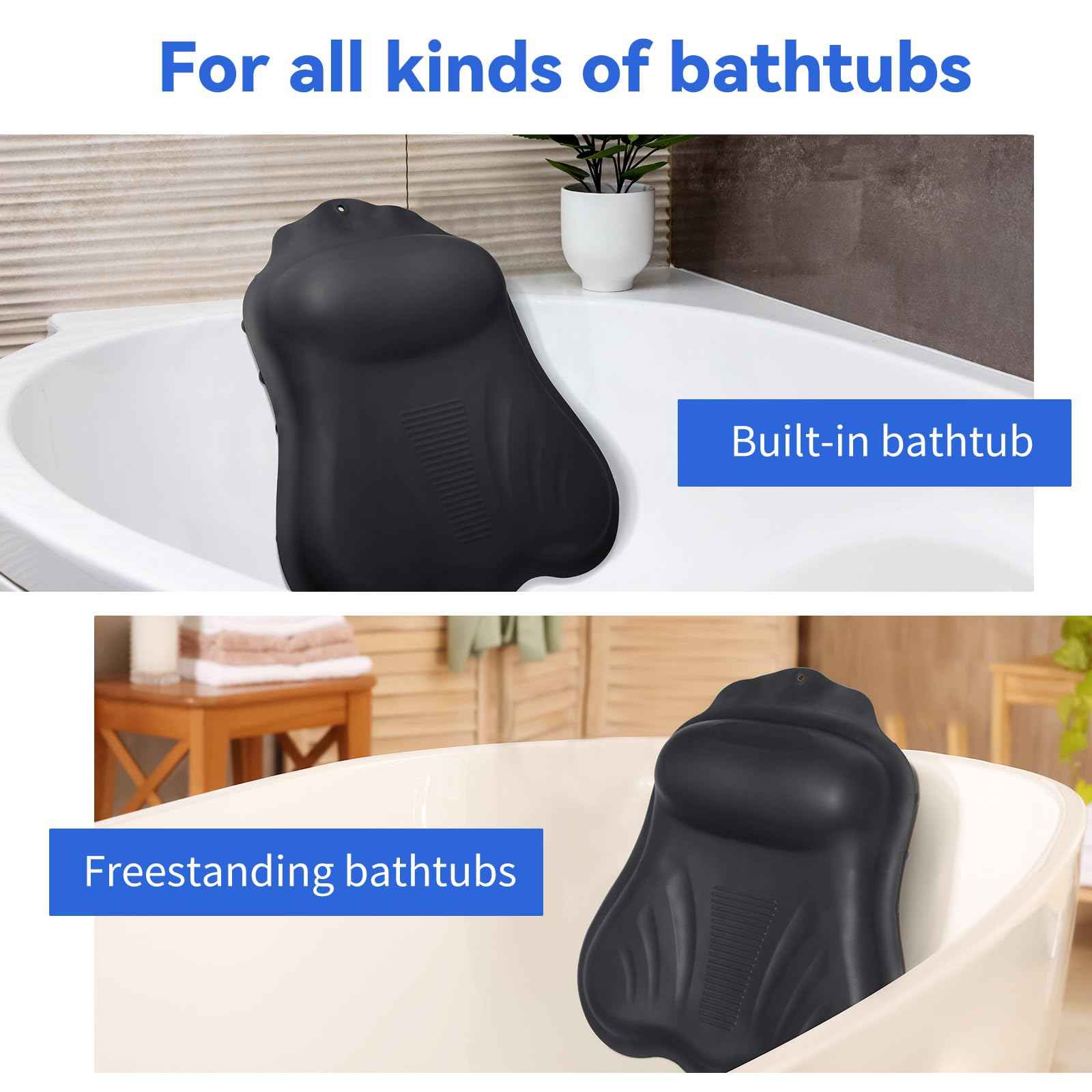 Goowin Bath Pillows for Tub, New Generation Skin-Friendly Silicone Bath Pillow, Luxury Bathtub Pillow for Head and Neck, Powerful Suction Tub Pillow for Bathtub with Inflatable Airbag (Black)