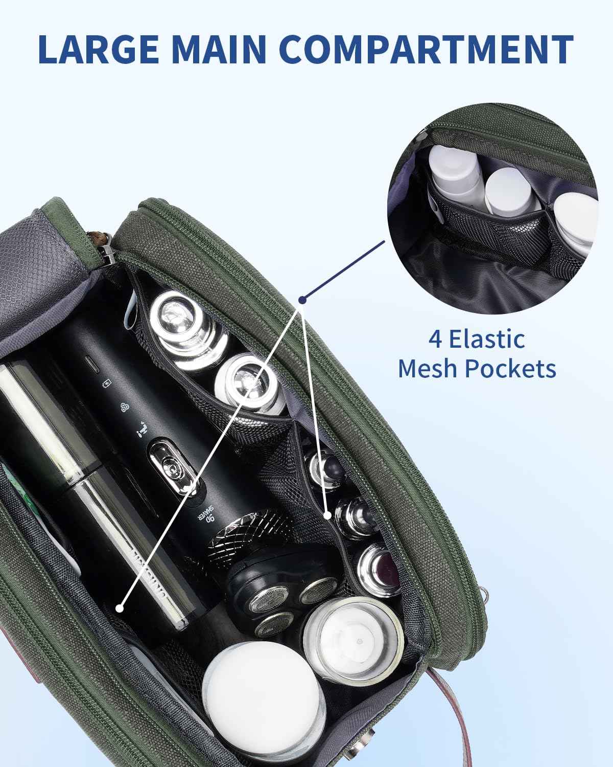 WANDF Toiletry Bag for Men Travel Toiletry Organizer Canvas and Leather Dopp Kit Water-Resistant Shaving Bag for Travel Accessories (Green, Medium)