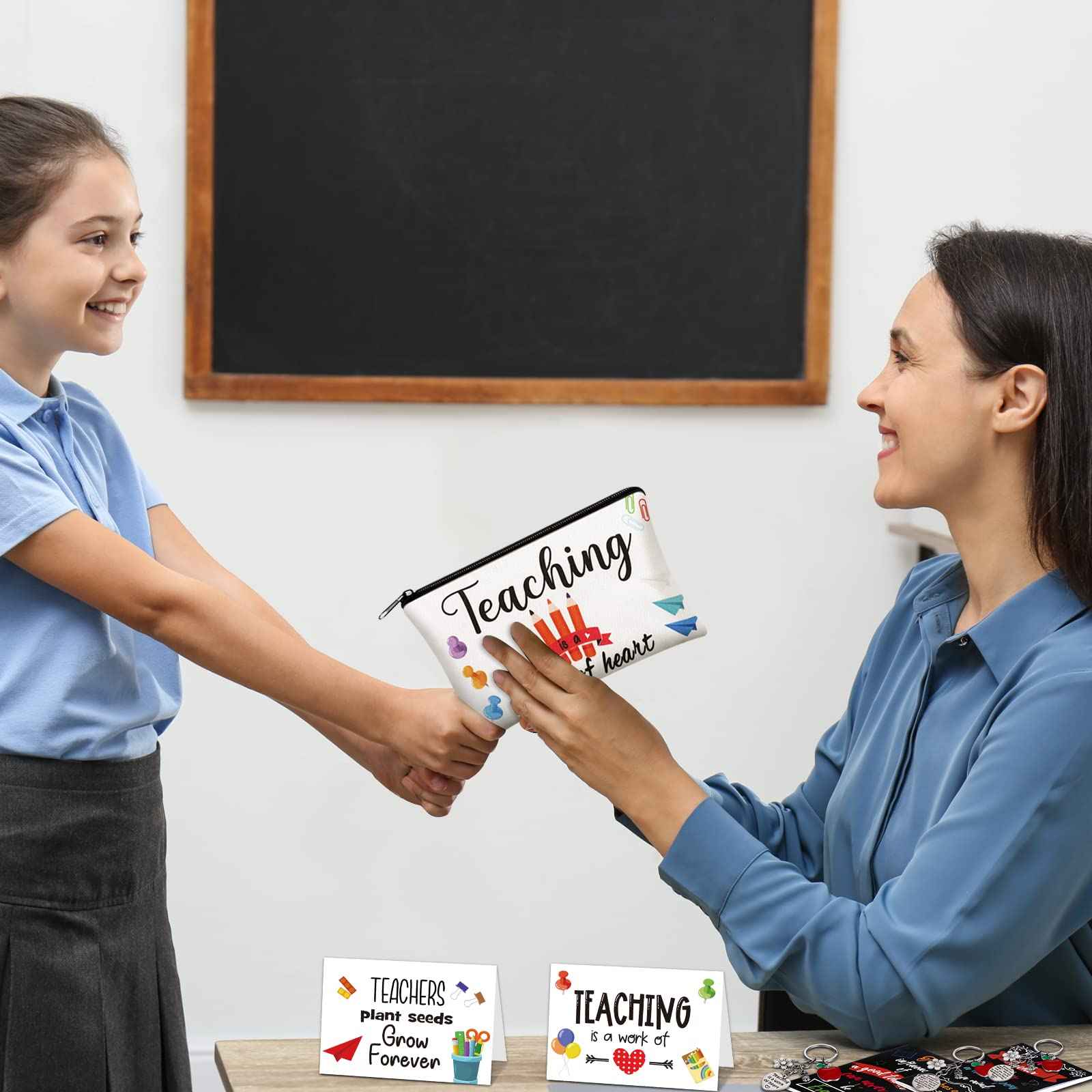 Eaasty 36 Sets Teacher Appreciation Gifts Bulk Makeup Pouch Cosmetic Pencil Bag Keychains Inspirational Notebooks Cards and Socks for Teacher Appreciation Graduation Gifts