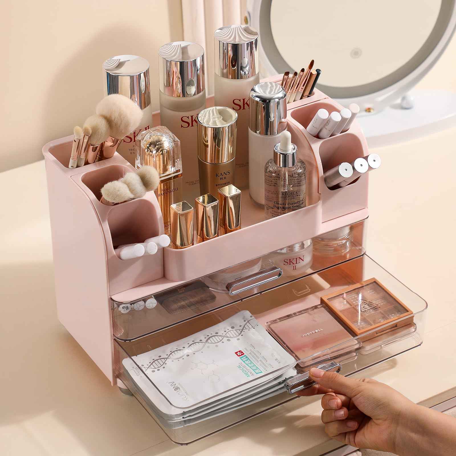 Anyoifax Makeup Organizer Countertop with Large Drawers, Vanity Organizer with Brush Holder, Skin Care Storage for Dresser, Perfume Organizer for Lotion, Lipsitck, Palette, Light Pink
