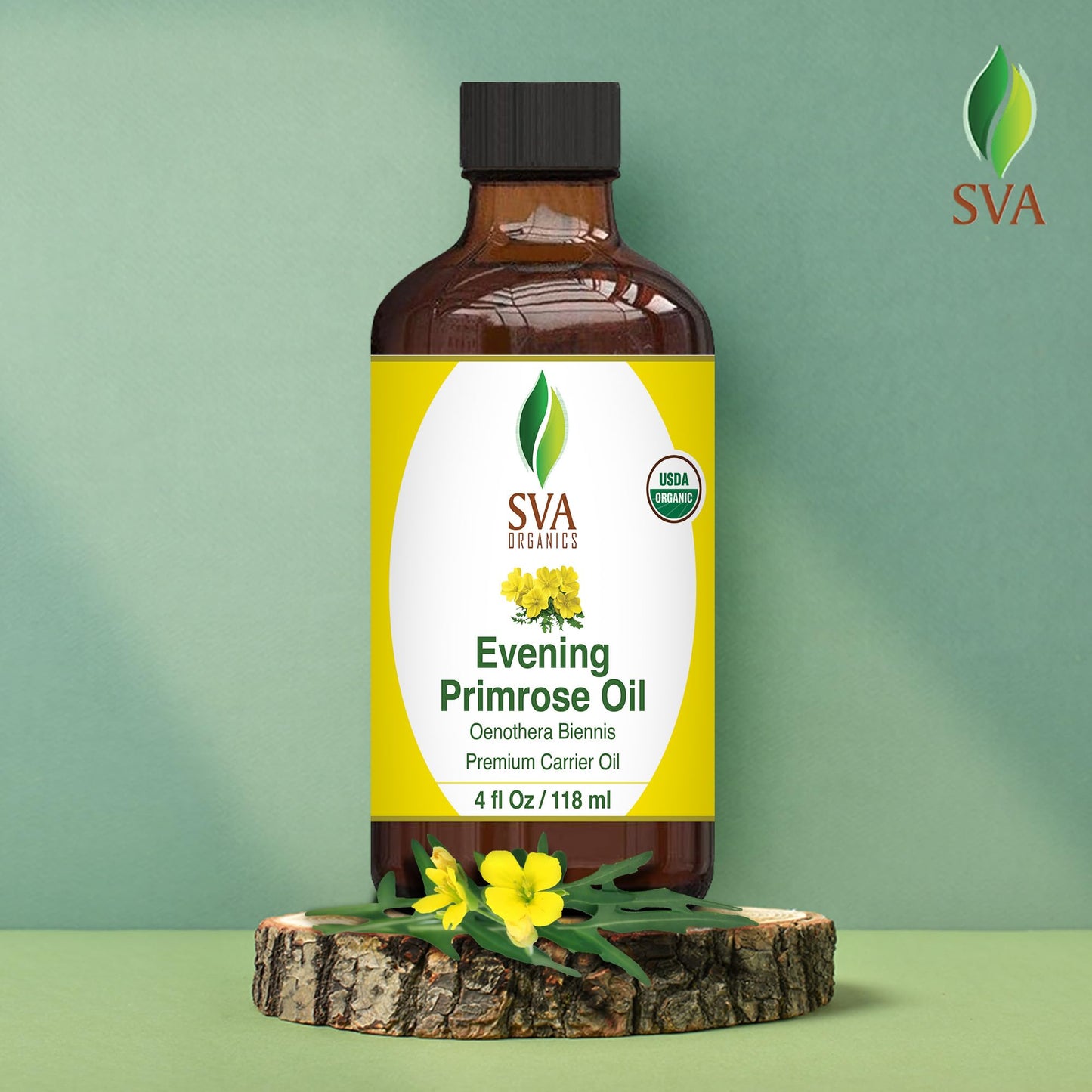 SVA Evening Primrose Oil Organic - 4 Fl Oz – 100% Natural Cold Pressed Organic Evening Primrose Oil - for Face, Skin Care, Hair Care, Scalp Massage & Body Massage – Carrier Oil with Dropper