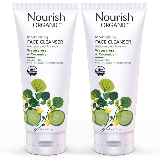 Nourish Organic Moisturizing Face Cleanser for All Skin Types, Watercress + Cucumber Face Wash, Fragrance-Free, 6 Oz (Pack of 2)
