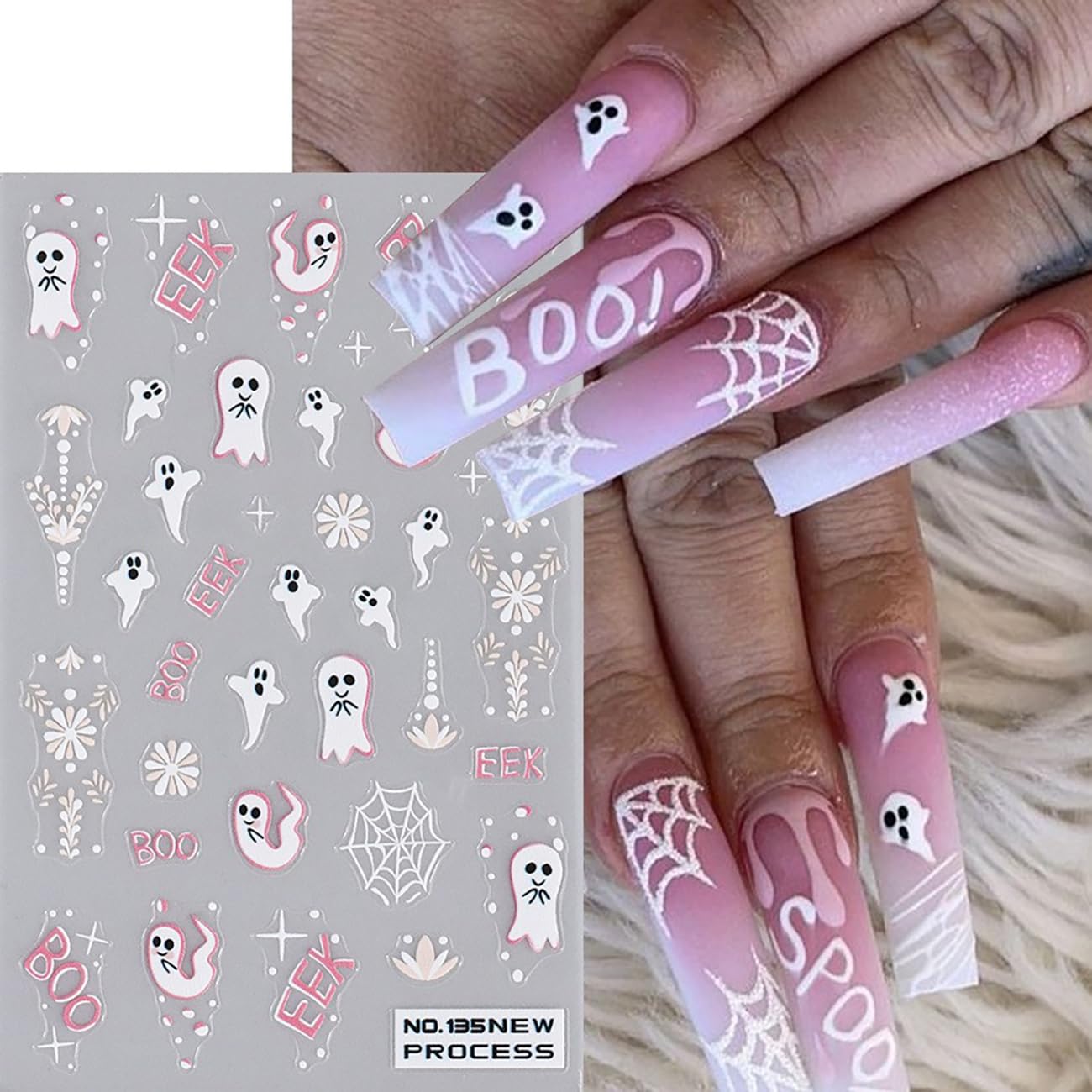 6 Sheets Pink Halloween Nail Stickers Skull Pink Ghost Nail Decals Pumpkin Nail Art Stickers 3D Self-Adhesive Nail Art Decals DIY Nail Designs Nail Supplies for Halloween for Women Girls Decoration