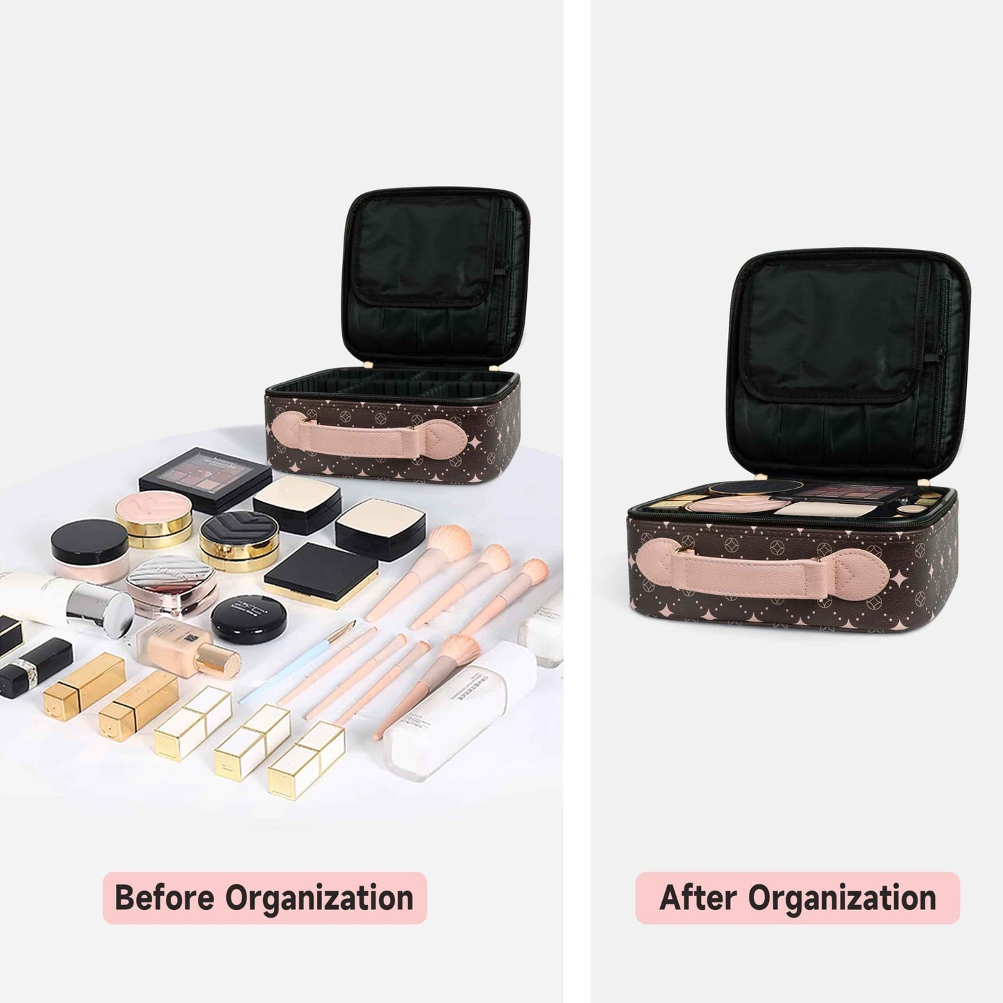 Travel Makeup Bag,Waterproof Cosmetic Organizer, Adjustable Dividers,Portability Cosmetic Train Case,Makeup organizer,Gift for Women,Girls Gift (Coffee+Pink)