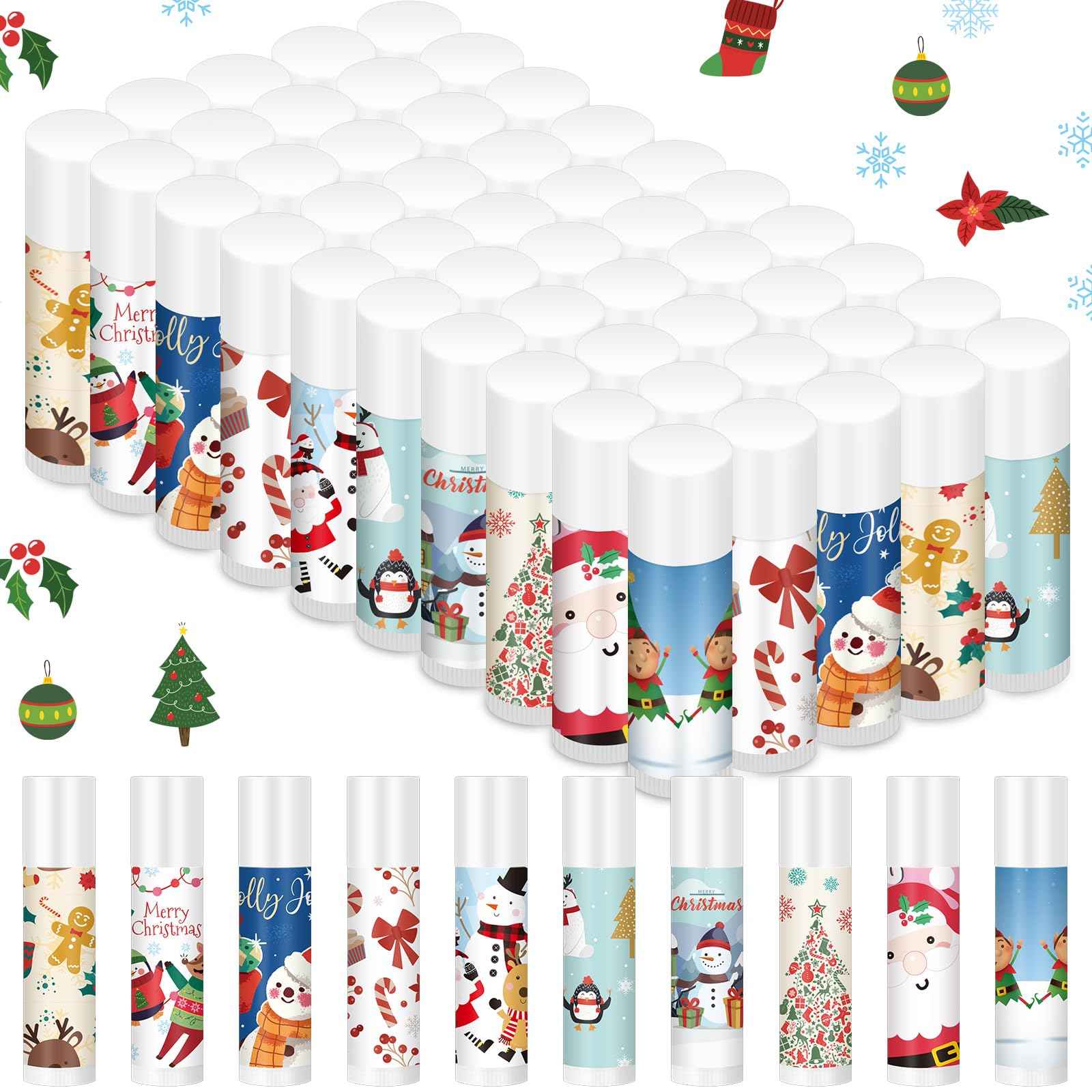 MTLEE 50 Pcs Christmas Lip Balm Bulk with 10 Designs 5 Flavored Holiday Gifts Moisturizing Lip Balms Stocking Stuffer Gift Christmas Party Supplies Favors for Kids Women Men