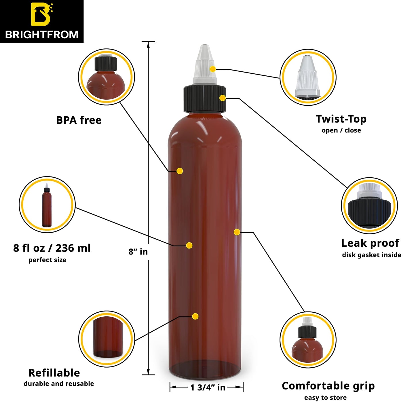 BRIGHTFROM Twist Top Applicator Bottles, 8 OZ, Squeeze Empty Plastic Bottles, Black Nozzle, BPA-Free, PET, Refillable, Open/Close Nozzle - Multi Purpose (Amber)