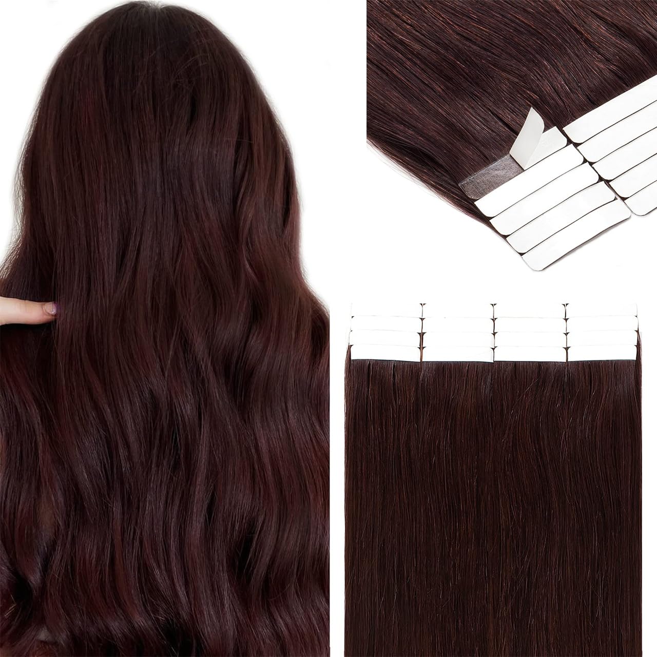 Lacer Wine Tape in Hair Extensions Human Hair Burgundy Double Sided Silky Straight Seamless Skin Weft 100% Virgin Burgundy Tape in Human Hair Extensions 50g 20pcs 16 Inch #99J