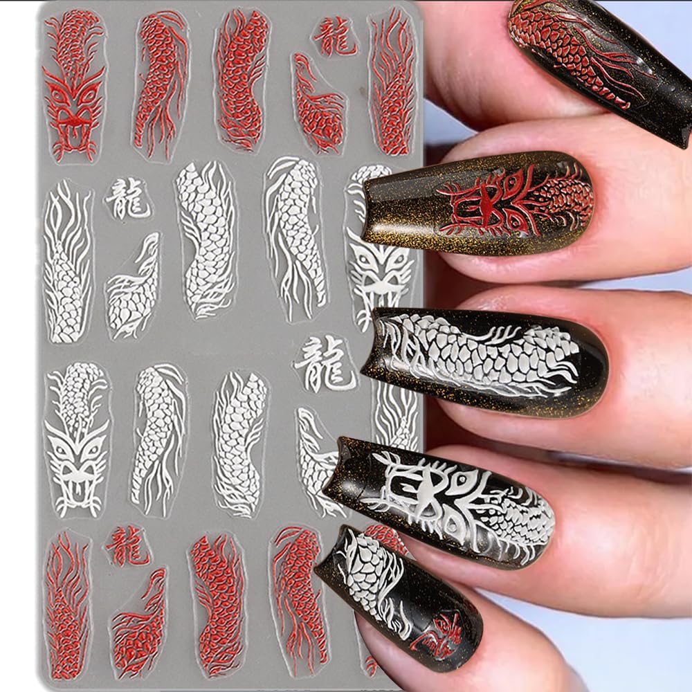 5D Embossed Dragon Nail Art Stickers for Nail Designs Black White Dragon Nail Stickers for Women Chinese Dragons Nail Decals for Nail Art Supplies Dragon Nail Sticker Manicure Stickers for Nails Decor