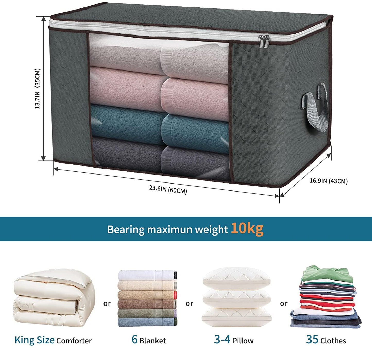 Large Storage Bags, 8 Pack Clothes Storage Bins Foldable Closet Organizers Storage Containers with Durable Handles Thick Fabric for Blanket Comforter Clothing Bedding 90L (Gray)