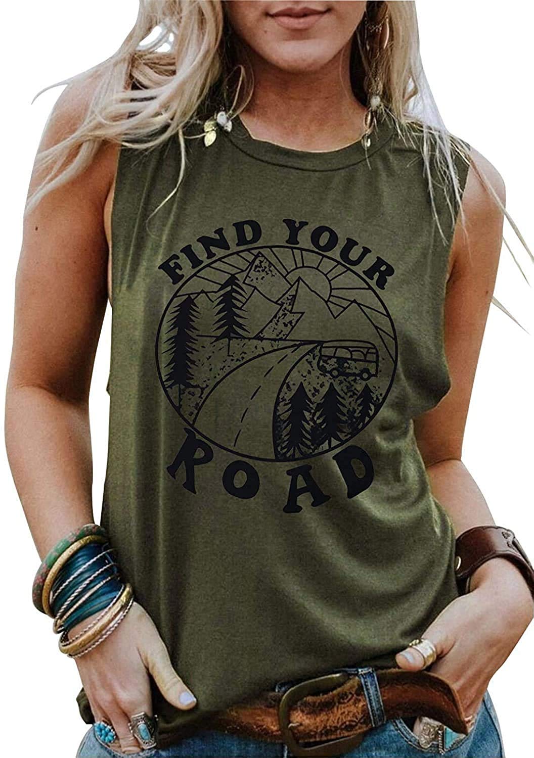 Tank Tops for Women Summer Find Your Round Graphic Tshirts Sleeveless Casual Ladies Loose Tunic Blouse (Amy Green, S)