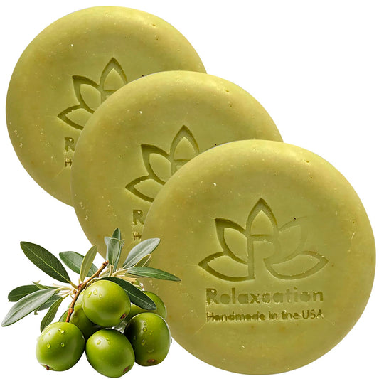 Relaxcation Soap Bar with Organic Olive Oil and Olive Leaves - Anti-aging and Antioxidant Natural Cold Process Soap Handmade in USA (Olive 3-pack)