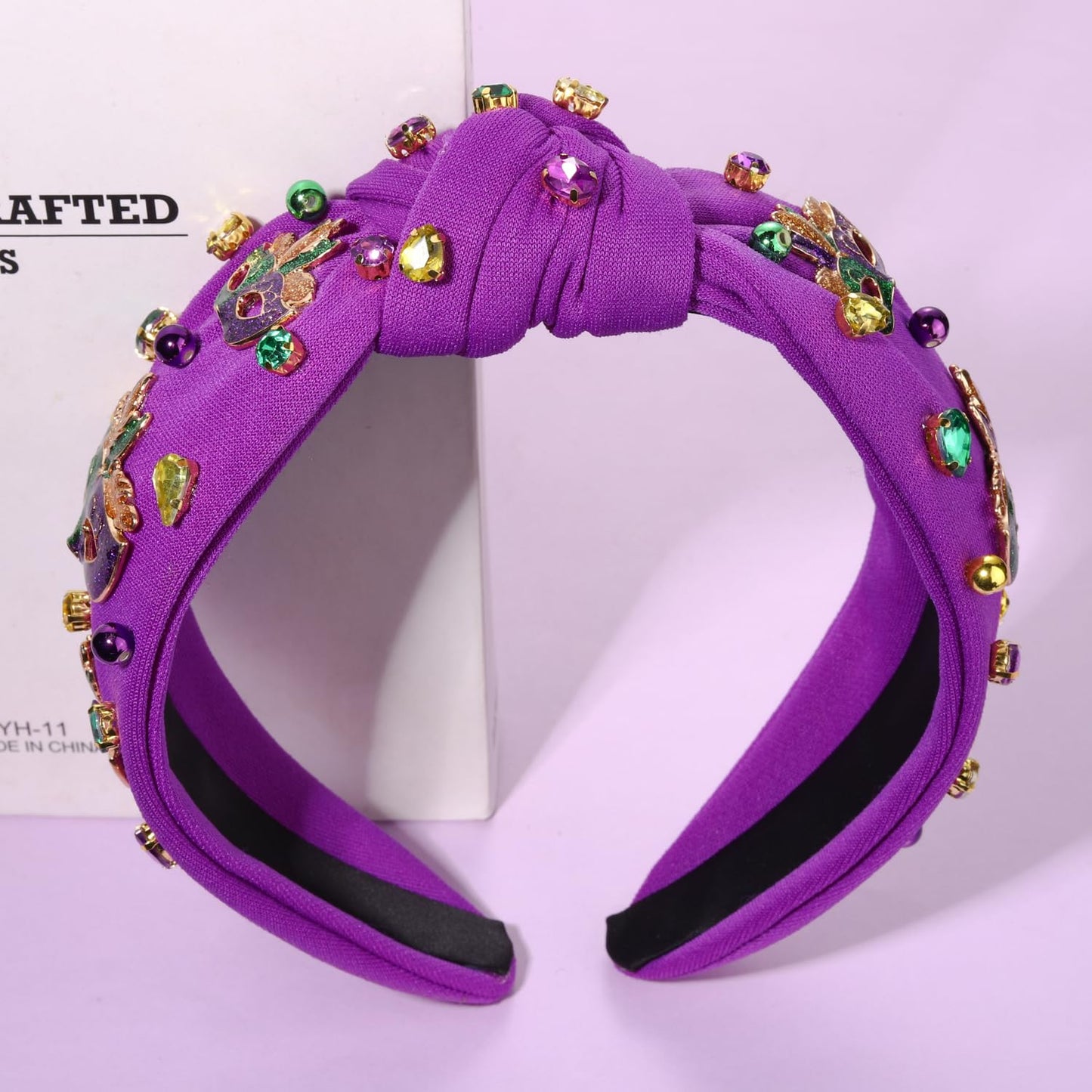 GLBCC Mardi Gras Headband for Women Mardi Gras Masks Knotted Headband Accessories Purple Rhinestone Beads Jeweled Wide Hairband Carnival Parade Outfit Decorations (Mask Mardi Gras hairband purple)