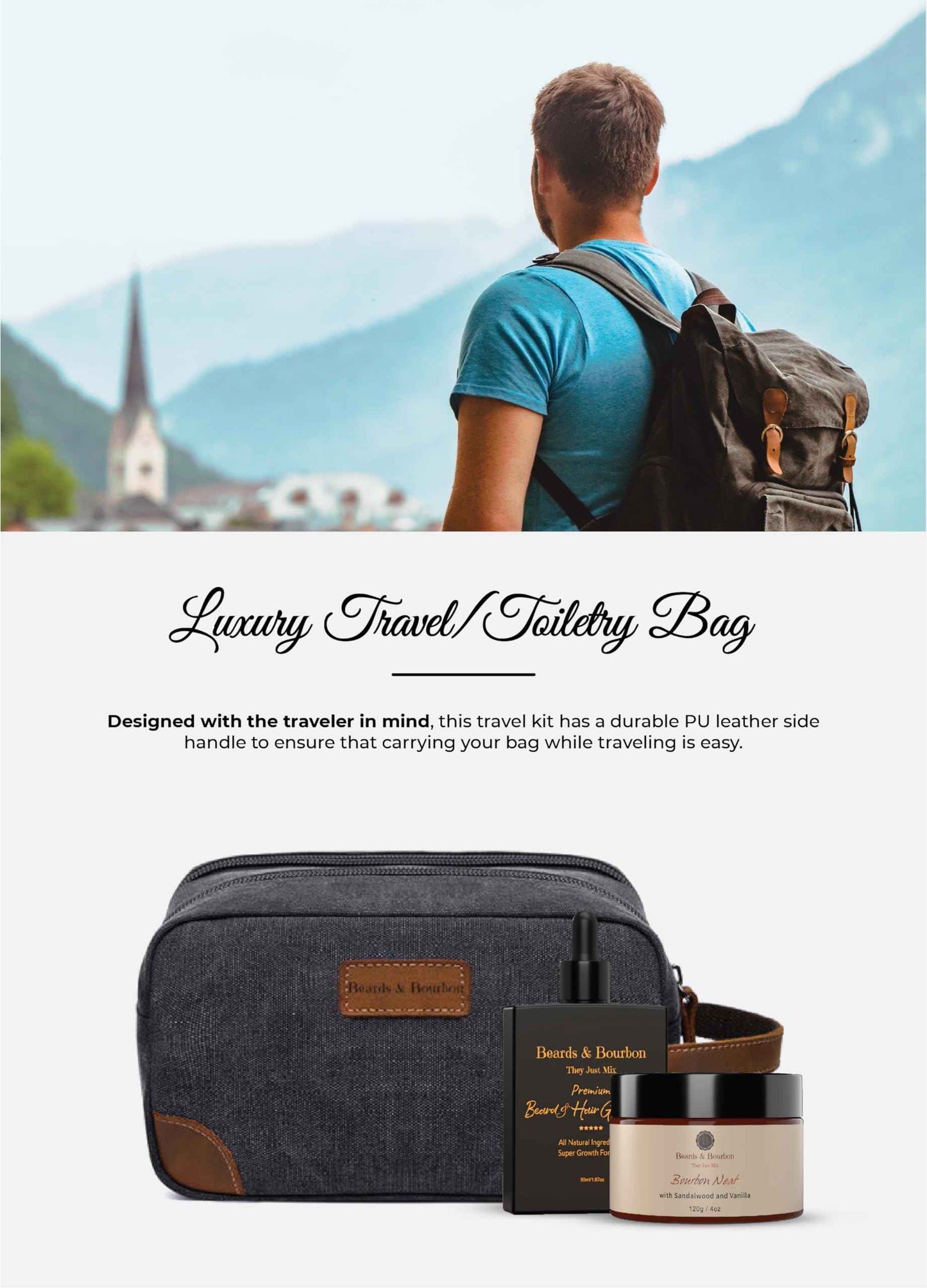 Beards & Bourbon Luxury Men's Travel Grooming Kit, Comprehensive Beard Care Set, Great and Safe for Travel