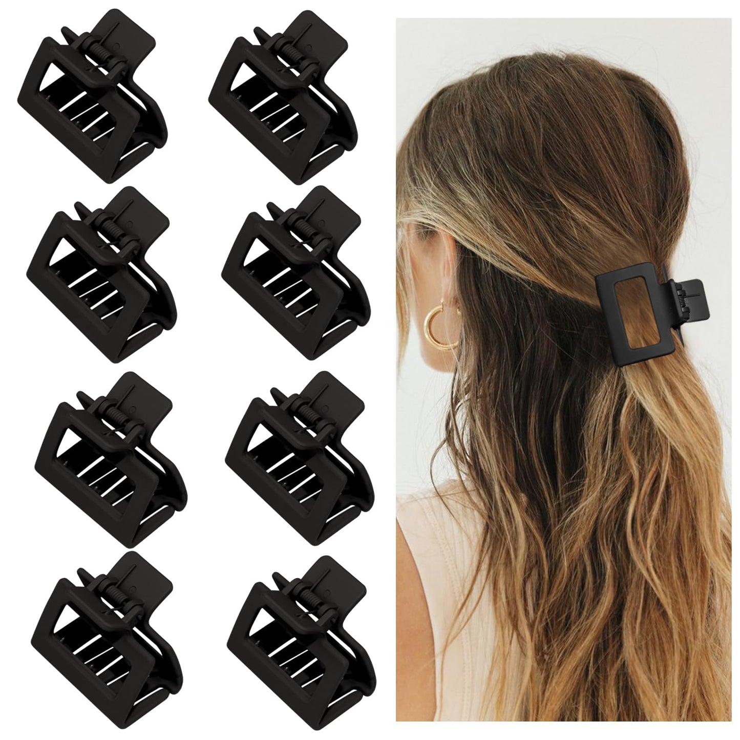 Claw Hair Clips for Women and Girls, 2" Matte Rectangle Clips for Thin or Thick Hair, Nonslip Hair Jaw Clips (8pcs Black)