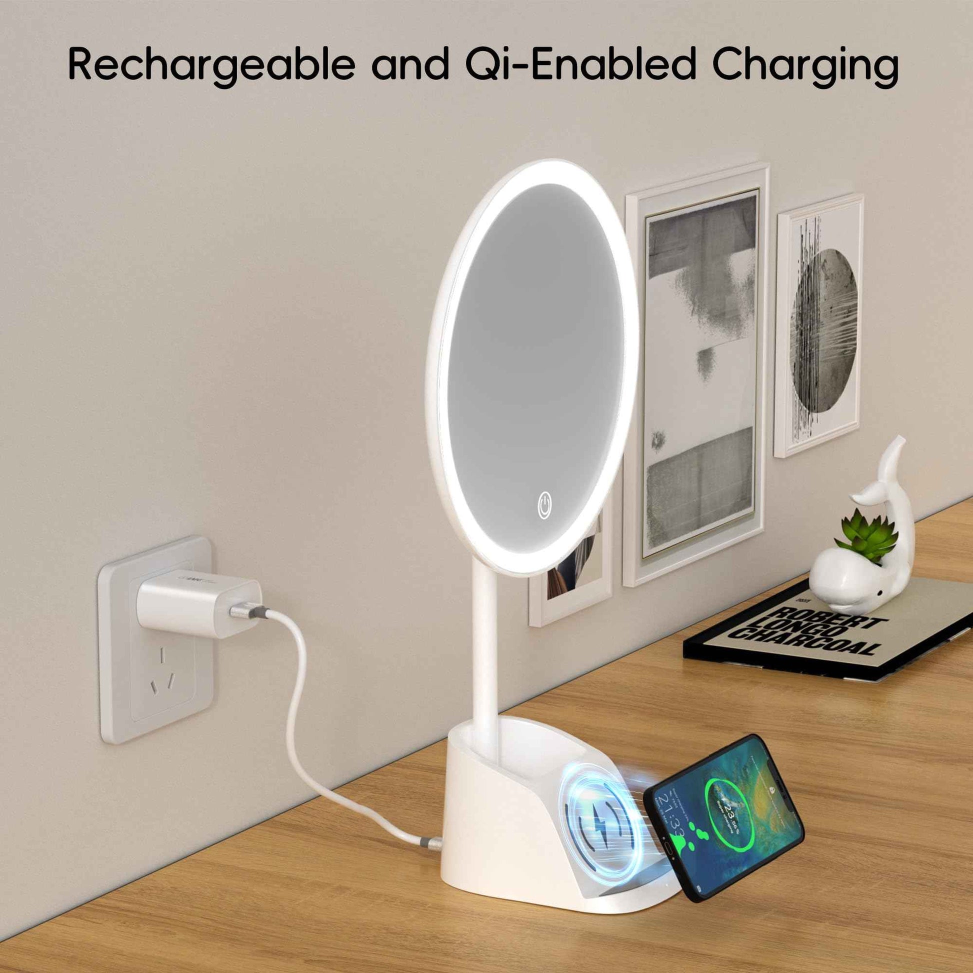 Yls Rechargeable Lighted Makeup Mirror with 1x/10x Detachable Magnification, Vanity Mirror with 3 Color Adjustable Lighting,Qi-Enabled Charging,and 360 °Rotating Design