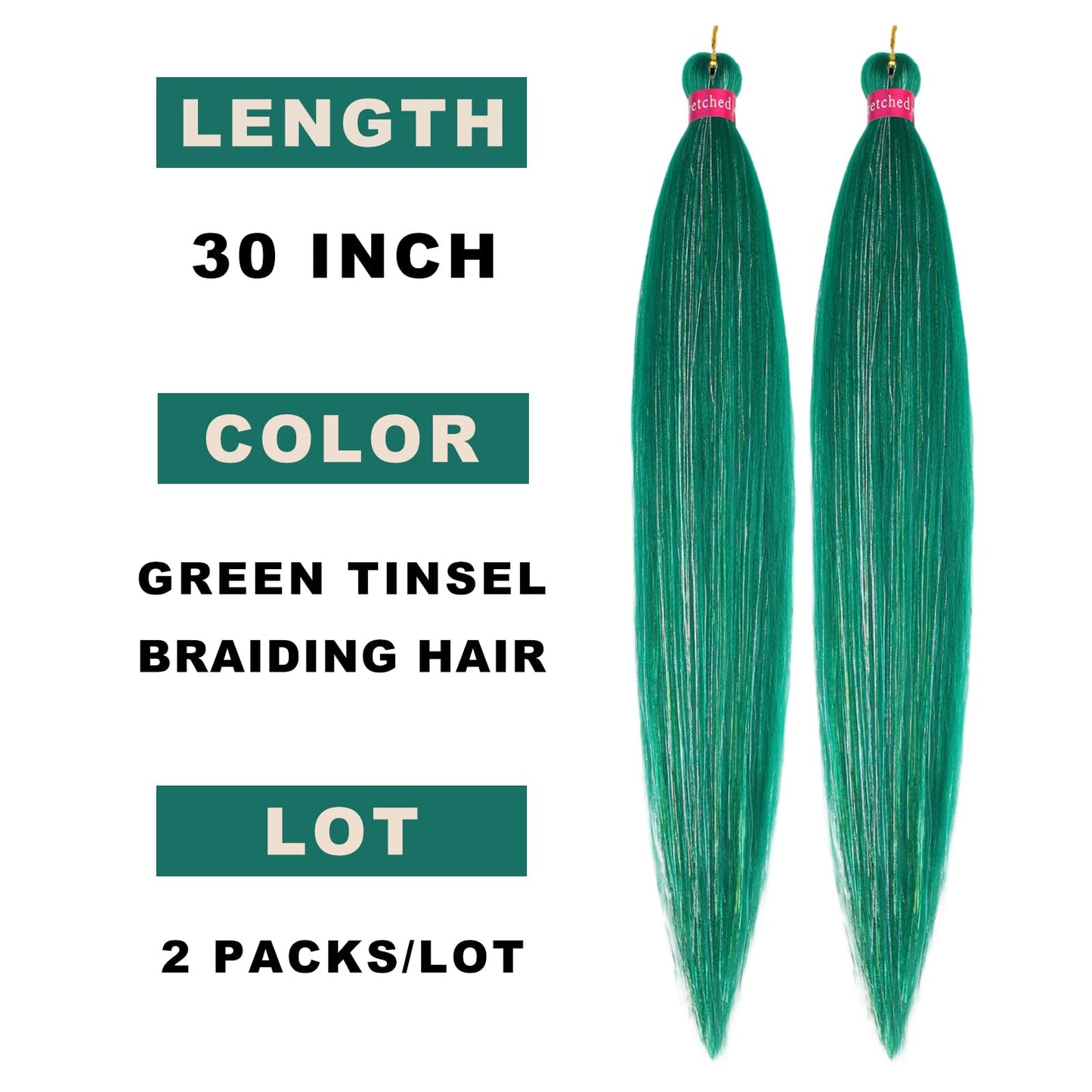 Green Tinsel Braiding Hair Pre Stretched 30 Inch Kanekalon Braiding Hair Extensions 2 Packs Synthetic Fiber Hair for Braids