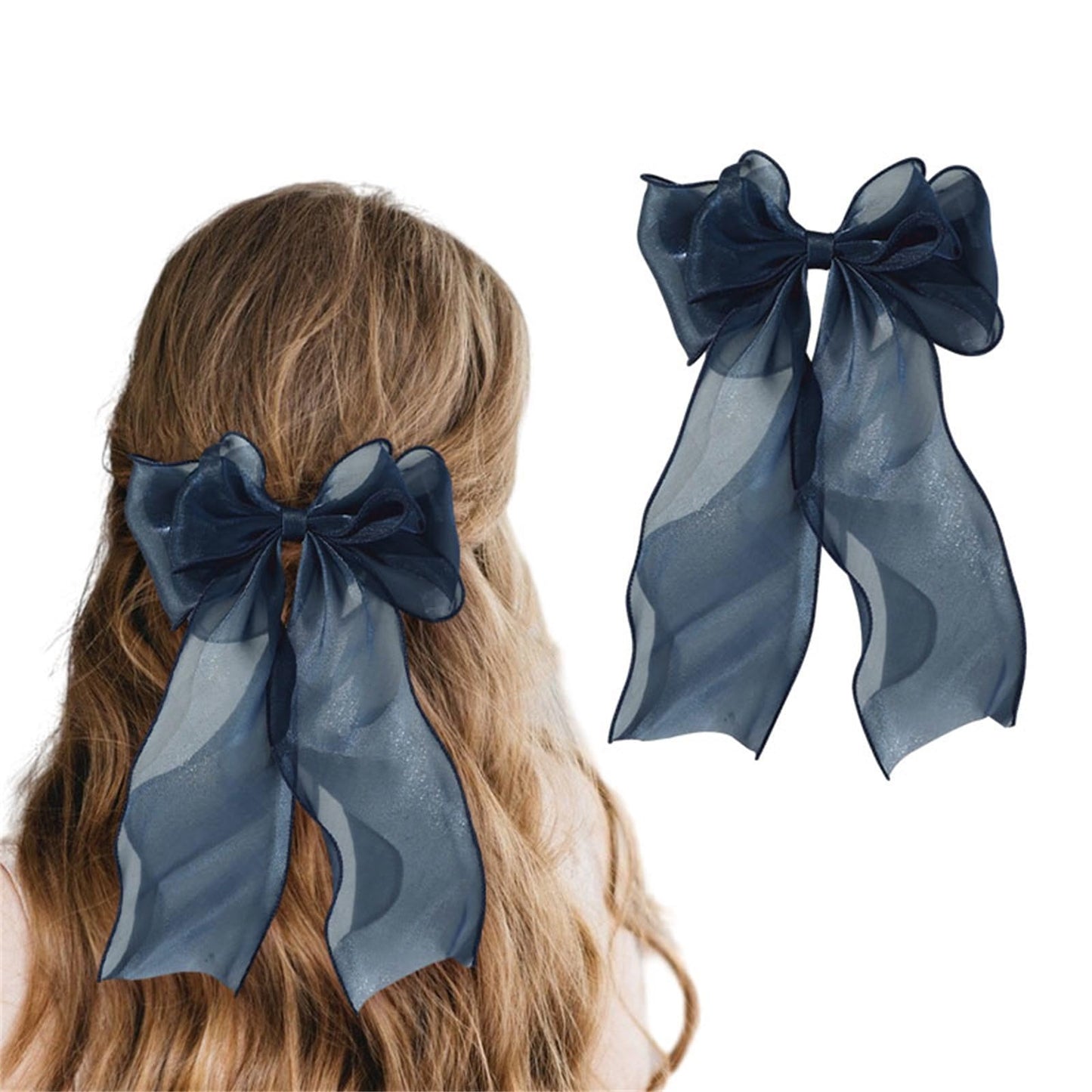 papasgix Hair Bow Clips, Solid Color Long Silk Ribbon Bows for Women and Girls (1, Navy Blue)