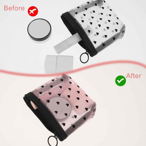 3Pcs Mini Cosmetic Bags, Heart Print Mesh Zipper Bags, Lipstick Accessories Organizer, Makeup Bag for Women, Small Purse Bag, 3 Colors