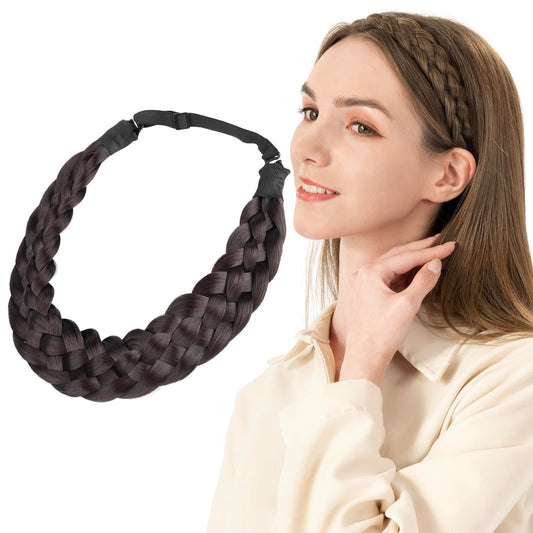 BOBIYA 5 Strands Synthetic Hair Braided Headband Classic Chunky Wide Plaited Braids Elastic Stretch Hairpiece for Women Girl (Dark Chocolate)