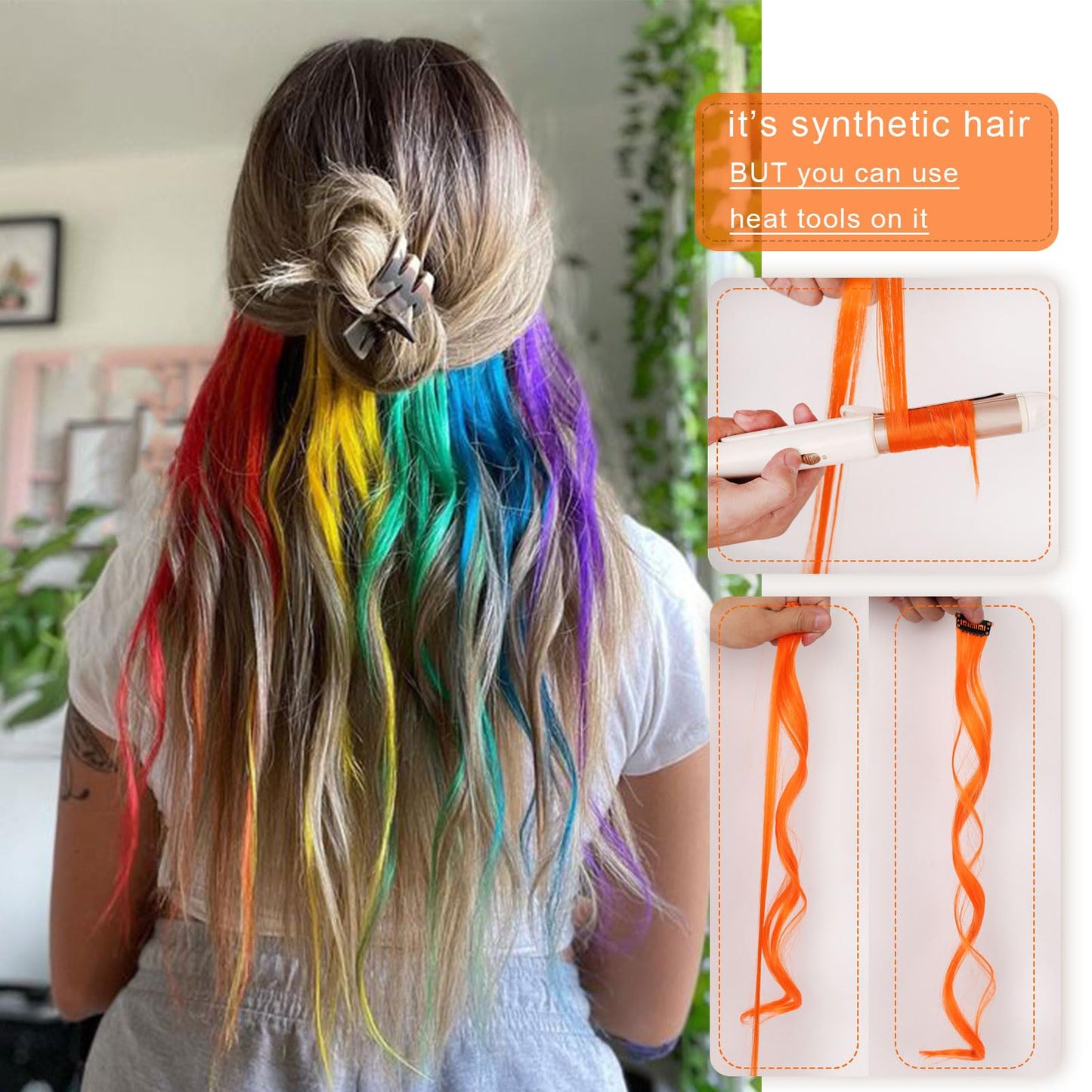 Colored Hair Extensions, Mixed Multiple Color Hair Extensions Clip in, Colorful Hair Pieces for women, 10 Pcs 22 Inches