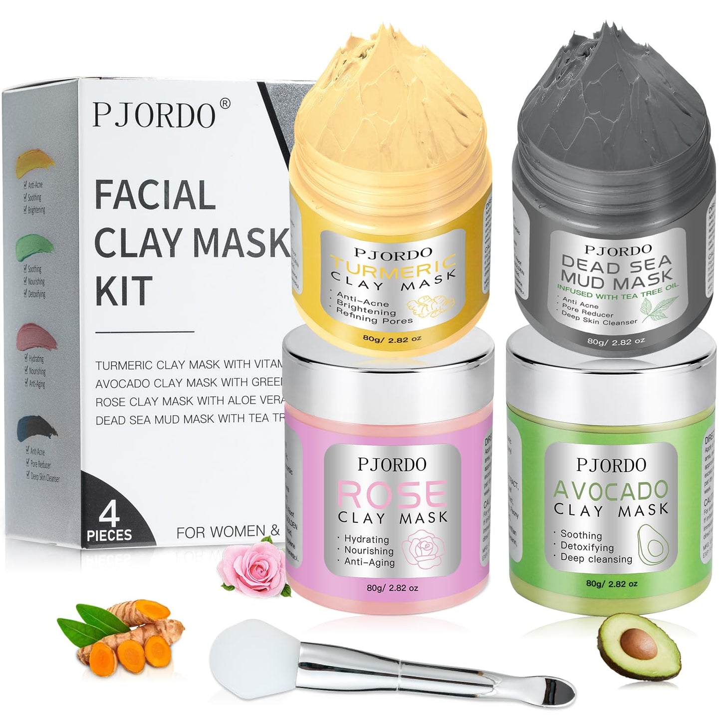 Pjordo 4 Pcs Clay Mask Set, Turmeric Vitamin C Clay Mask, Dead Sea Mud Mask, Avocado Clay Mask, Rose Clay Mask, Face Mask Skin Care Set, Perfect Gifts For Women Girls, 2.82 Oz Each