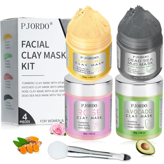 Pjordo 4 Pcs Clay Mask Set, Turmeric Vitamin C Clay Mask, Dead Sea Mud Mask, Avocado Clay Mask, Rose Clay Mask, Face Mask Skin Care Set, Perfect Gifts For Women Girls, 2.82 Oz Each