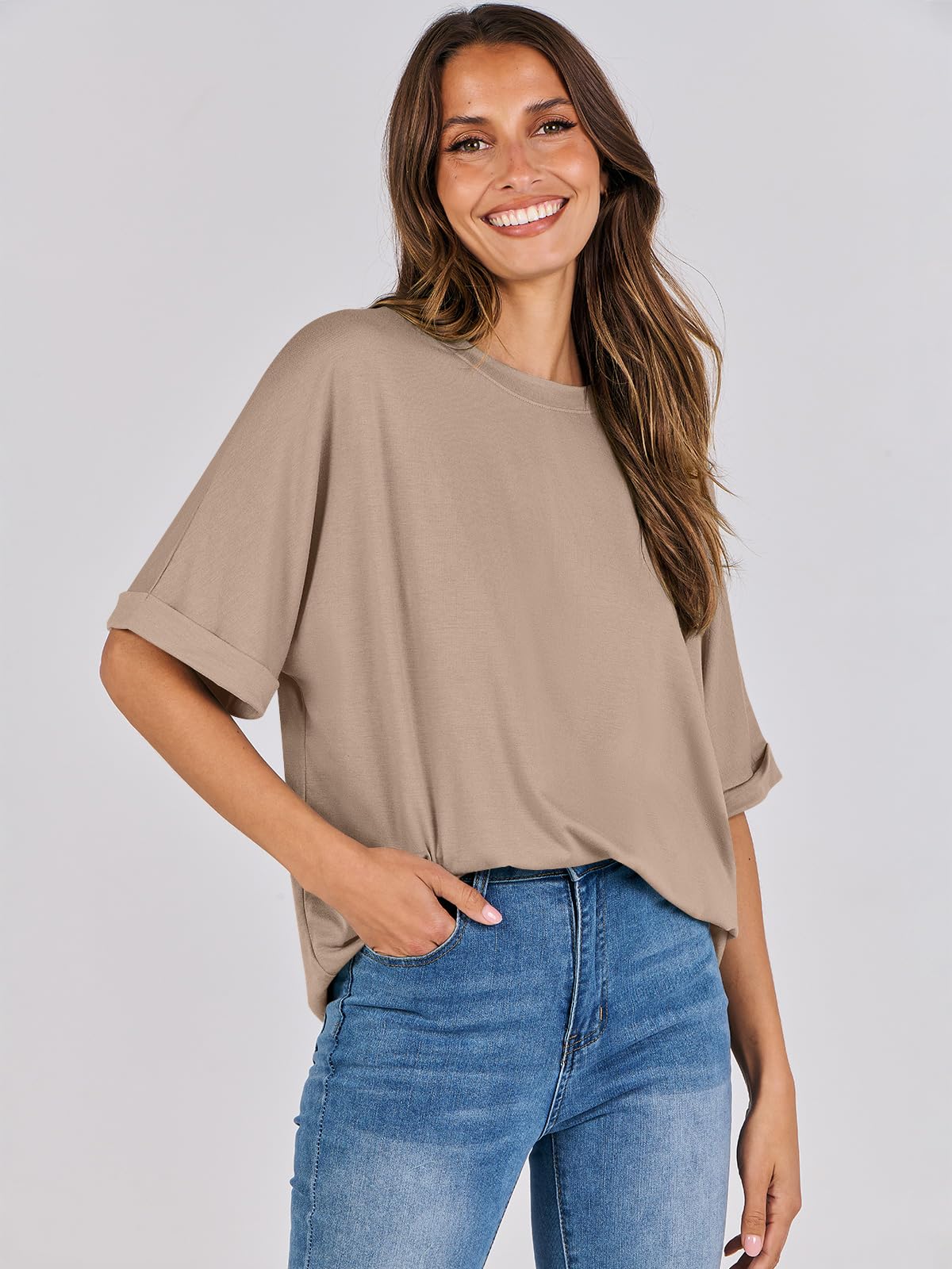 ANRABESS Women's Oversized T Shirts Short Sleeve Crewneck Summer Tops Casual Loose Basic Tee Shirts 2024 Trendy Clothes Khaki Small