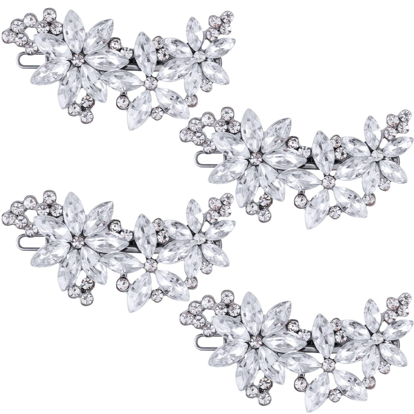 PAGOW 4Pcs Crystal Flower Bridal Hair Clips, Silver Bride Wedding Hair Accessories Hair Pins, Rhinestone Flower Wedding Headpiece for Brides Women Girls