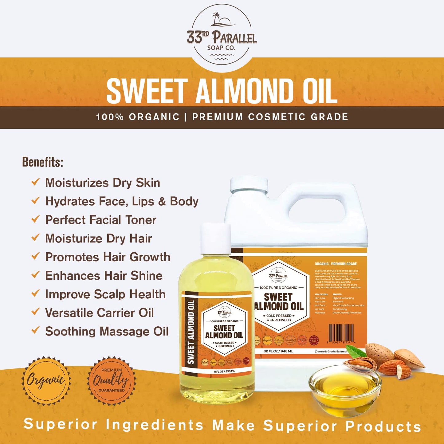 ORGANIC SWEET ALMOND OIL (16 oz) Premium Cold Pressed Unrefined | 100% Pure Sweet Almond Oil for Skin, Face, Hair, Soap Making | Carrier for Essential Oils | Available in Bulk | 16 FL OZ