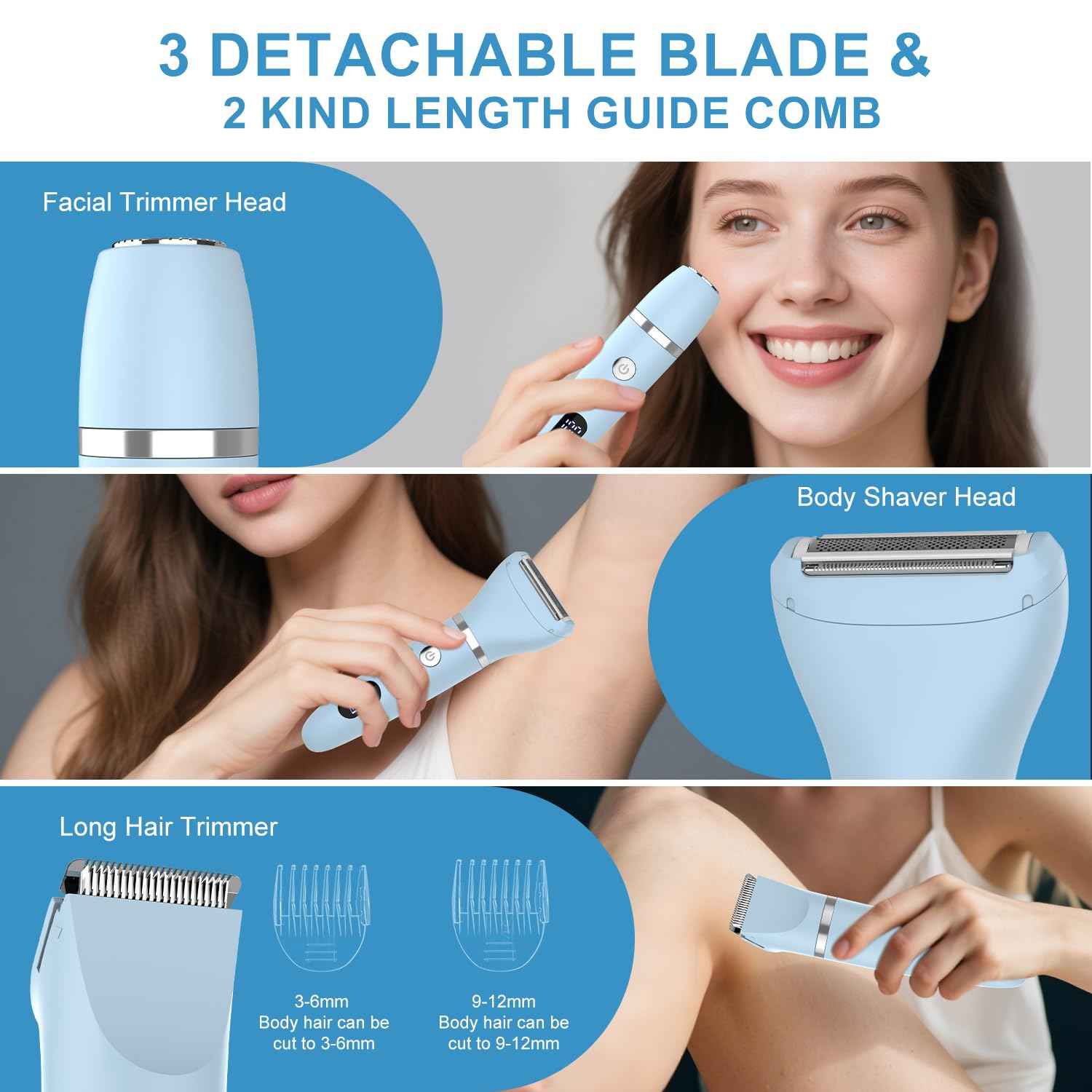 Scttomon 3-in-1 Electric Razor IPX7 Waterproof Bikini Trimmer Wet & Dry Use Painless Personal Trimmer Groomer for Ladies Face Body Legs Bikini Public Hairs Electric Lady Shaver with Replaceable Heads