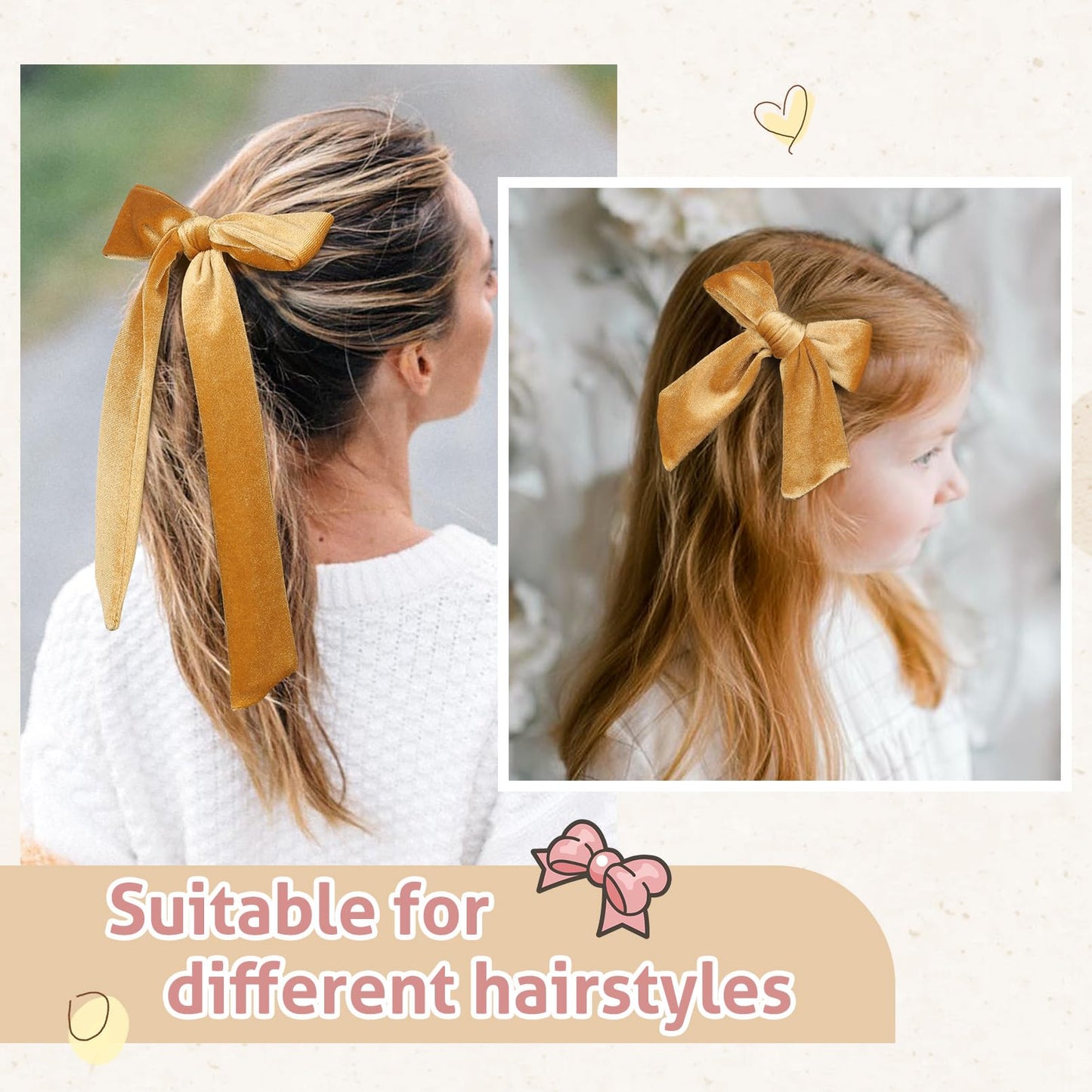 Velvet Hair Bows in 2 Sizes - 5" & 3.5" Soft Ponytail Knot Bows with Alligator Clips for Toddlers and Little Girls - Gold Hair Accessories