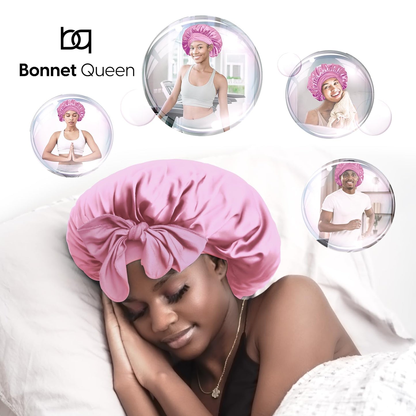 BONNET QUEEN Silk Bonnet for Sleeping Women Satin Bonnet Hair Bonnet Night Sleep Cap Scarf Wrap for Curly Hair with Tie Band Light Rose Gold