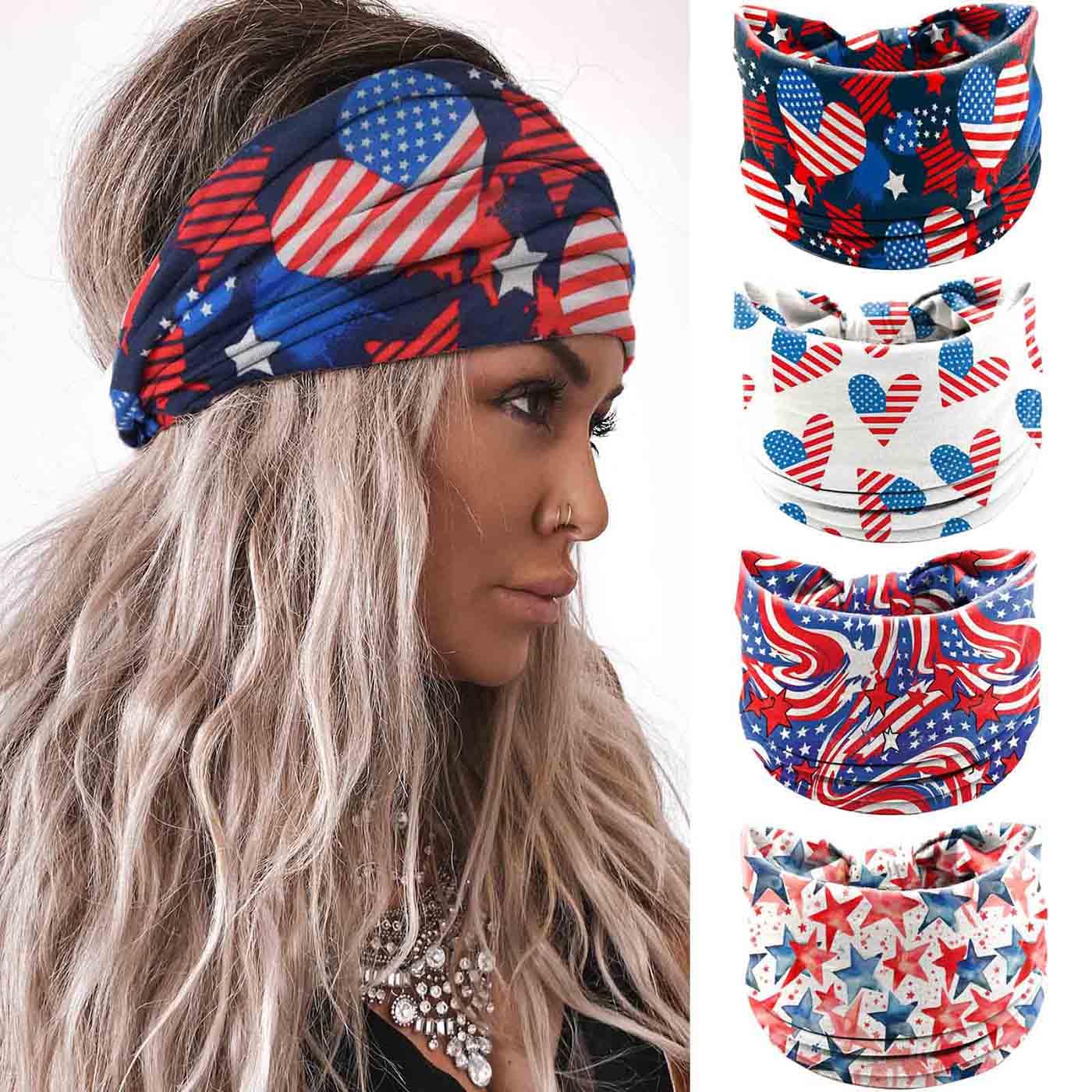 Olbye 4th of July Headband Patriotic American Flag Hairband USA Red White Blue Headbands Wide Knotted Head Band Stars Bandana Independence Day Hair Accessories for Women 4Pcs (Multicolor B, Wide)