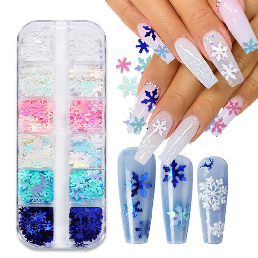 12 Grids Blue Snowflake Nail Sequins - 3D Snow Flakes Nail Glitters Christmas Snowflakes Nail Designs Xmas Nail Art Stickers for Winter Holiday Nail Stickers for Christmas Party Decoration Accessories