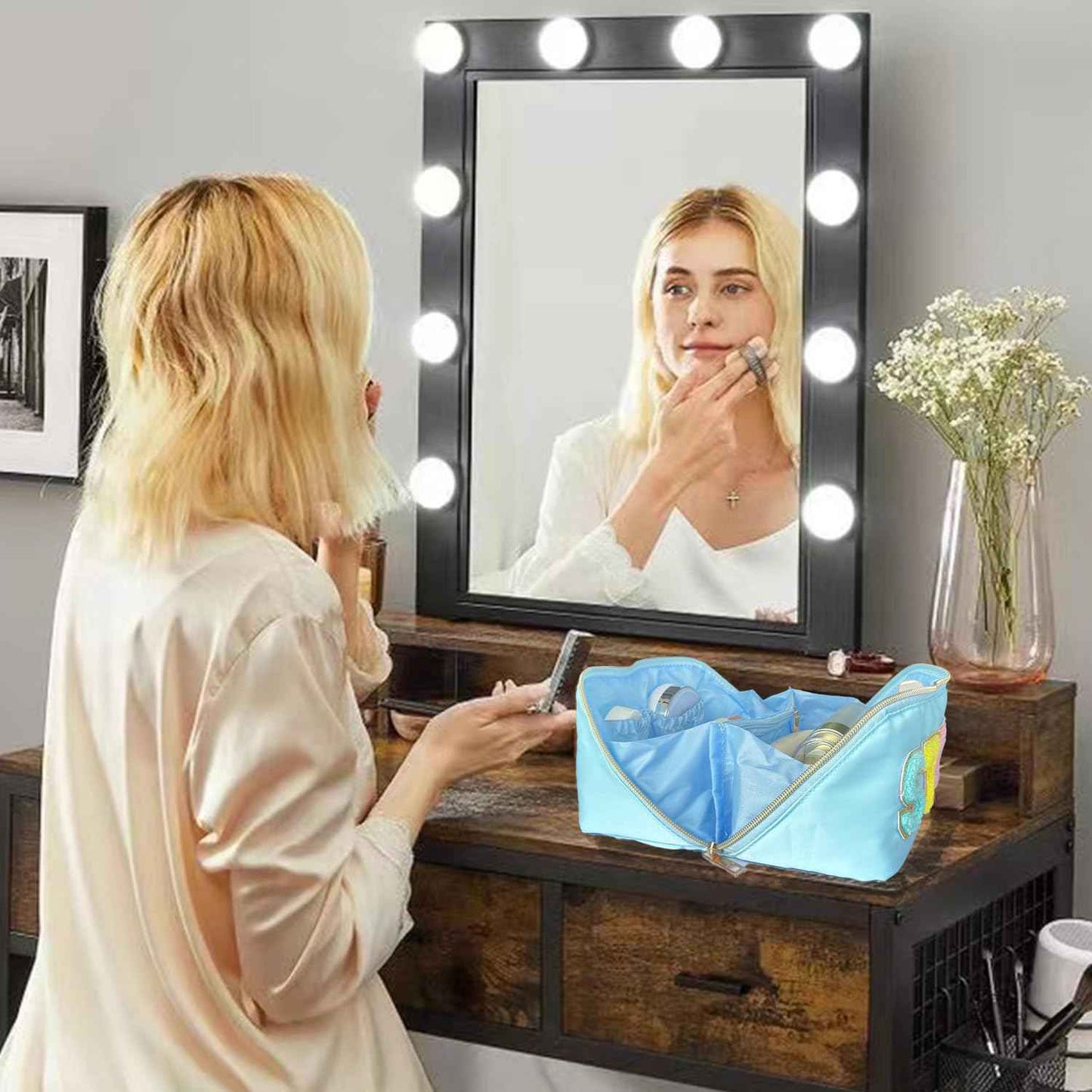 Stoney Clover Dupes Preppy Makeup Bag - Blue Chenille Letter Bag for Travel - Large Capacity Nylon Pouch with Flat Open Design