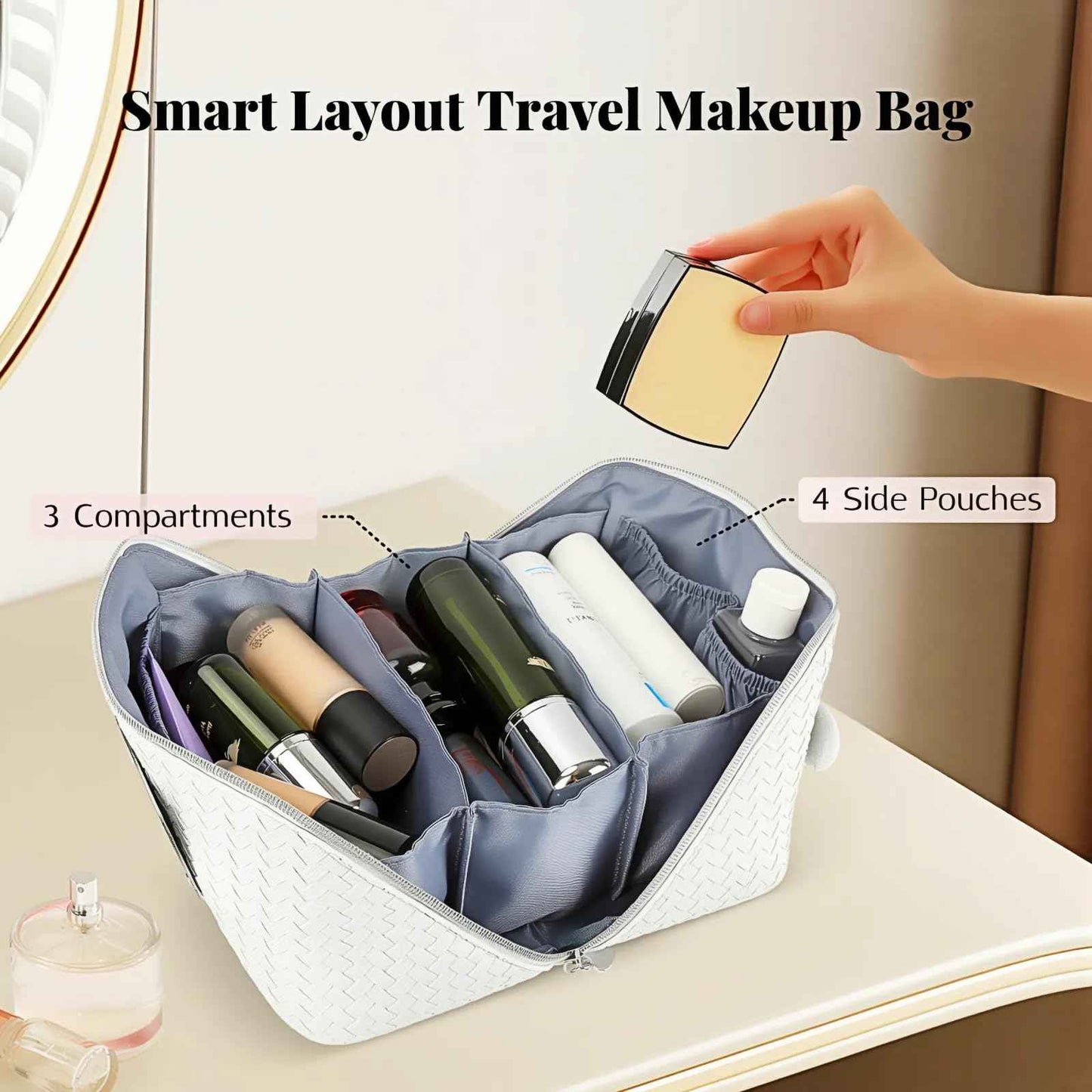 Dogman's Cloud Club Large Checkered Travel Makeup Bag with Mirror – White Plastic Toiletry Bag with 3 Compartments, 4 Side Pouches, Hanging Cosmetic Bag for Skincare, Brides, and Gifts, Easy to Clean