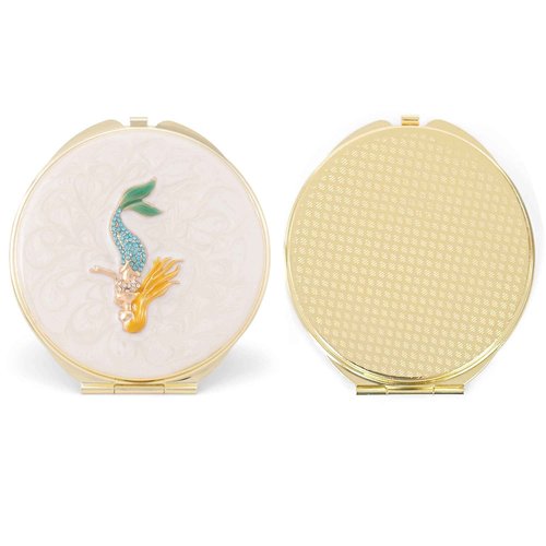 Cottage Garden Hand Painted Golden Metal Enamel Ornamental Vintage Hinged Lid Personal 3 Inch Makeup Beauty Double Sided Compact Travel Mirror with Bejeweled Crystals, Mermaid