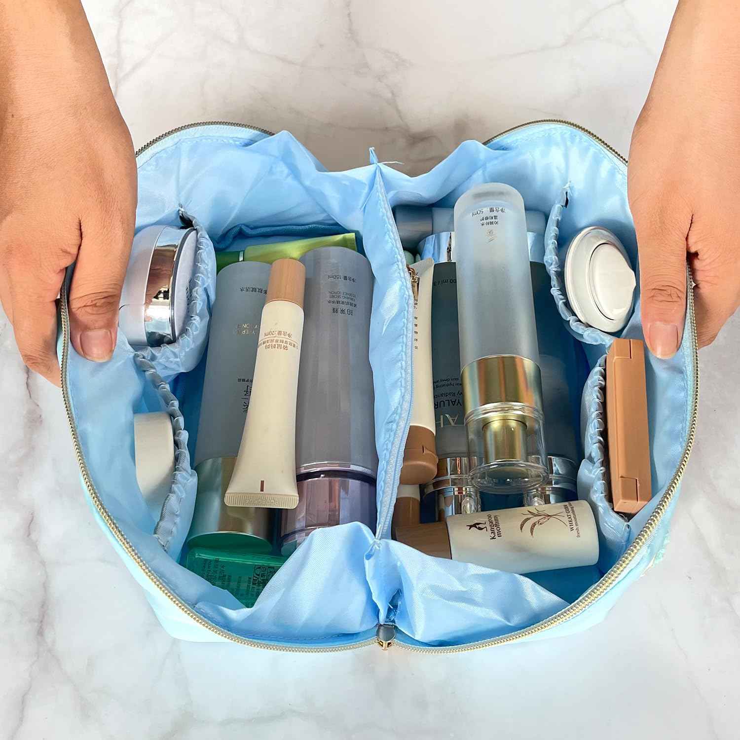 Stoney Clover Dupes Preppy Makeup Bag - Blue Chenille Letter Bag for Travel - Large Capacity Nylon Pouch with Flat Open Design